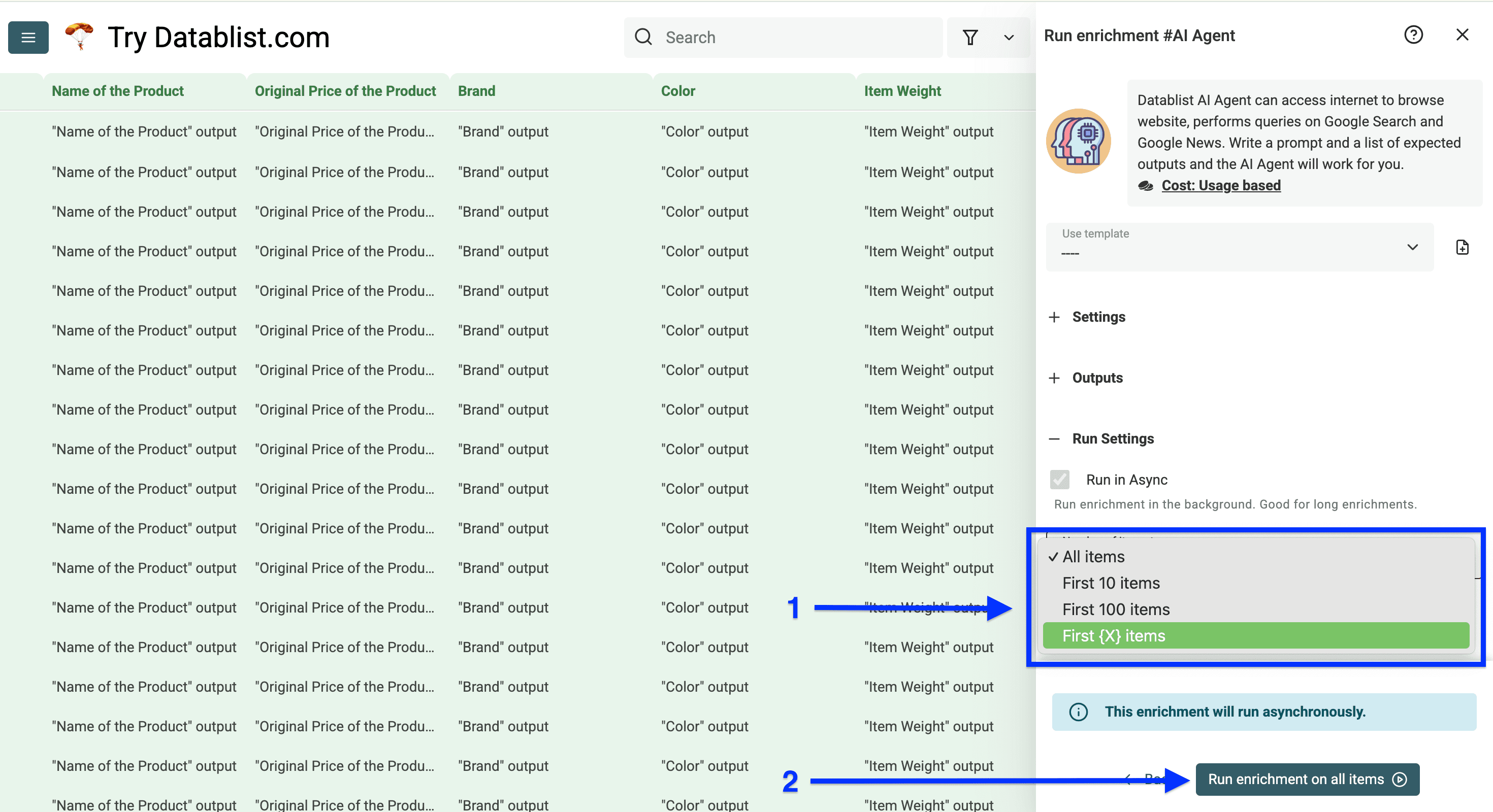 Datablist’s AI Agent run settings to scrape Amazon product details