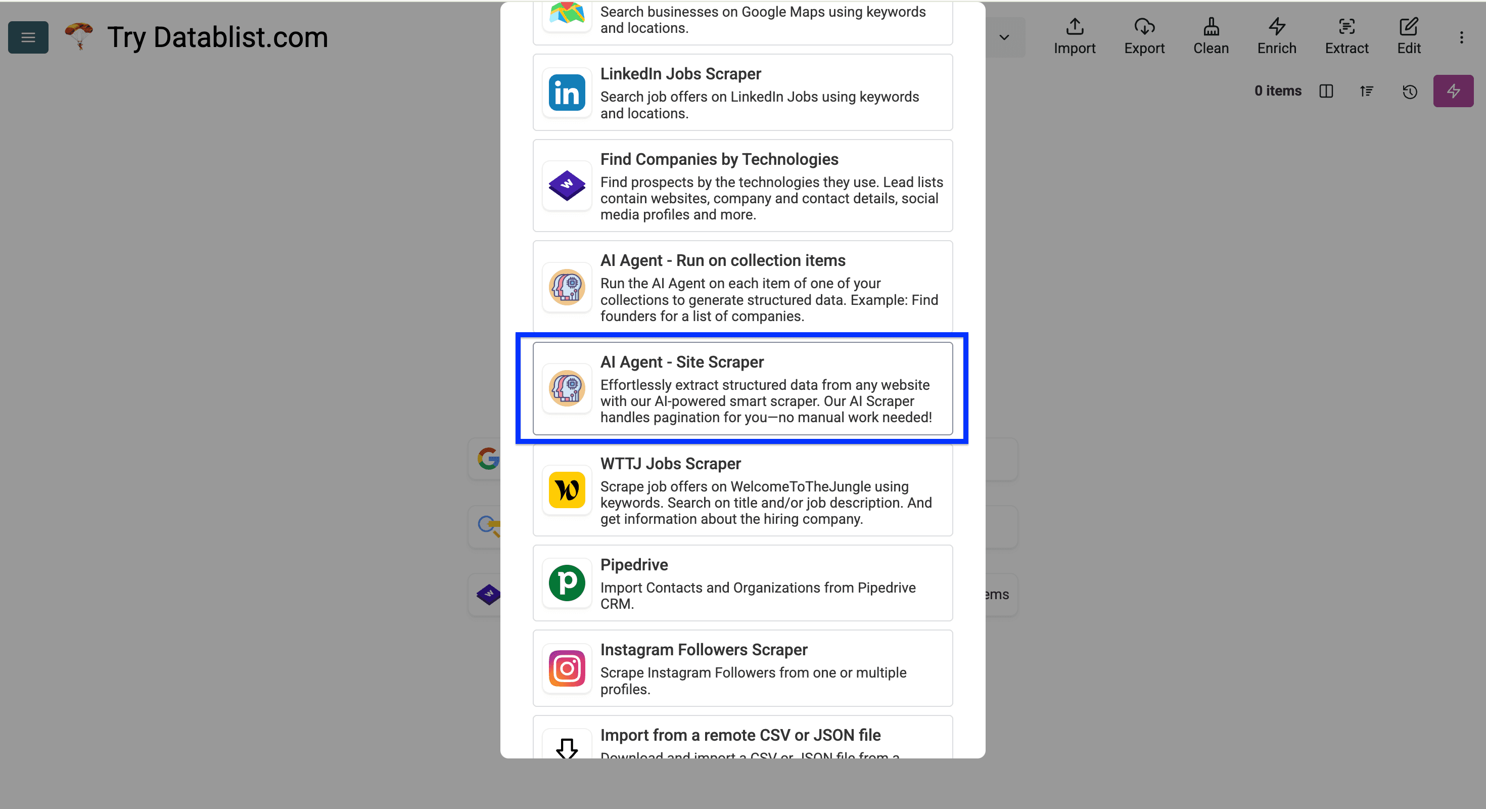 Datablist sources, AI Agent - Site Scraper