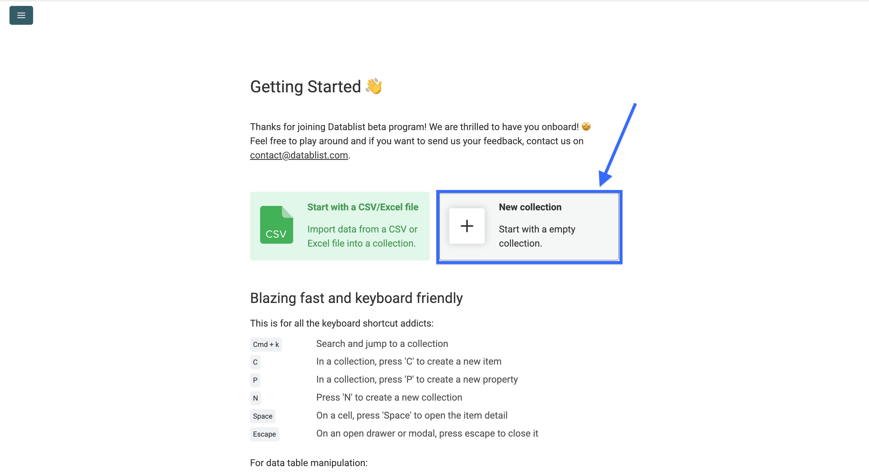 Datablist start page