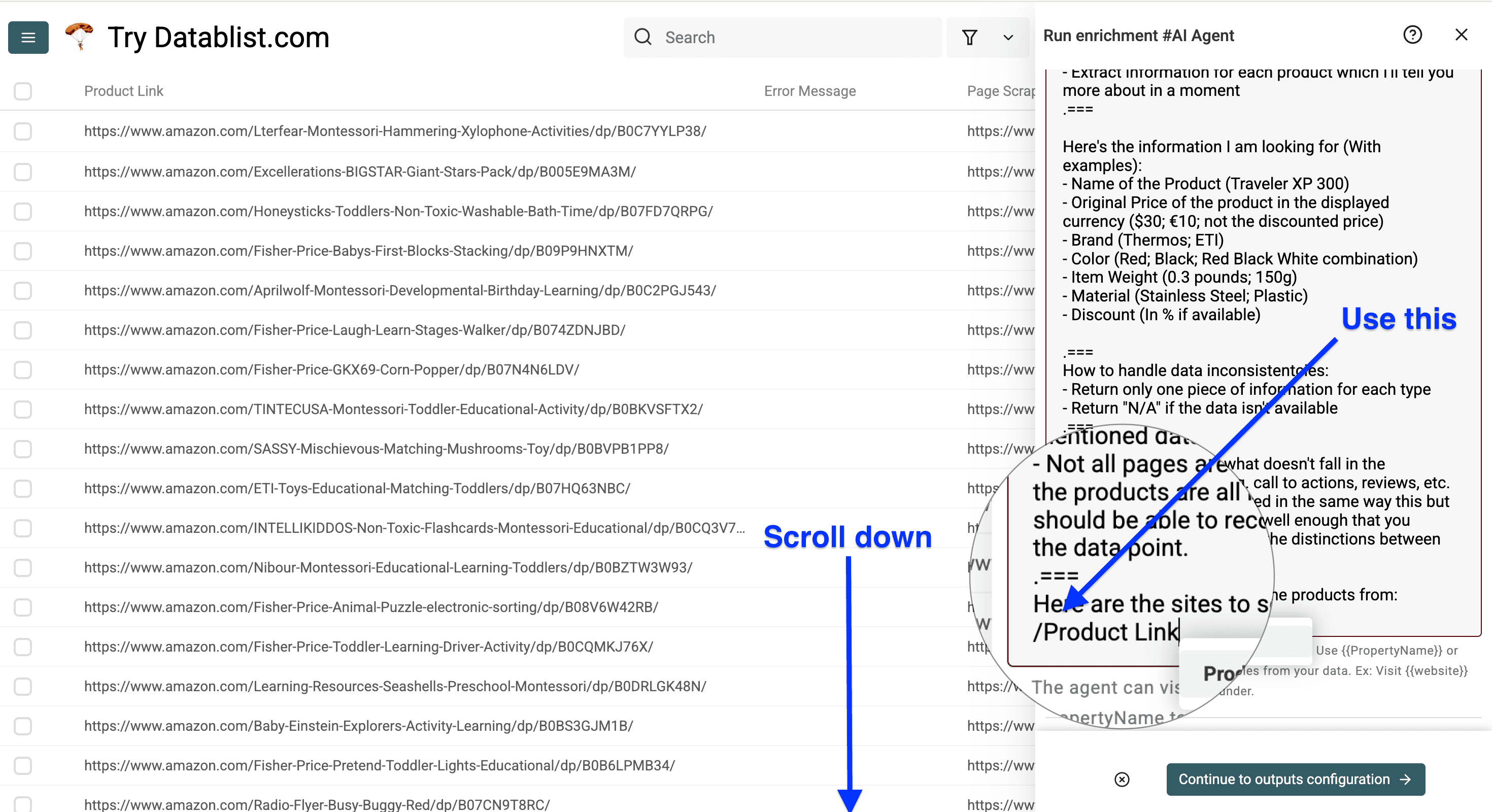Input column mapping of Datablist’s AI Agent for scraping Amazon product details