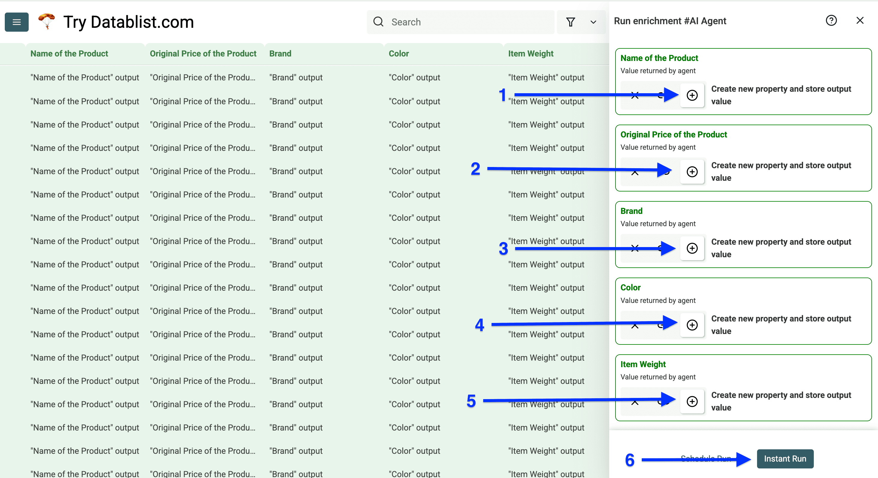 Output column configuration of Datablist’s AI Agent for scraping Amazon product details