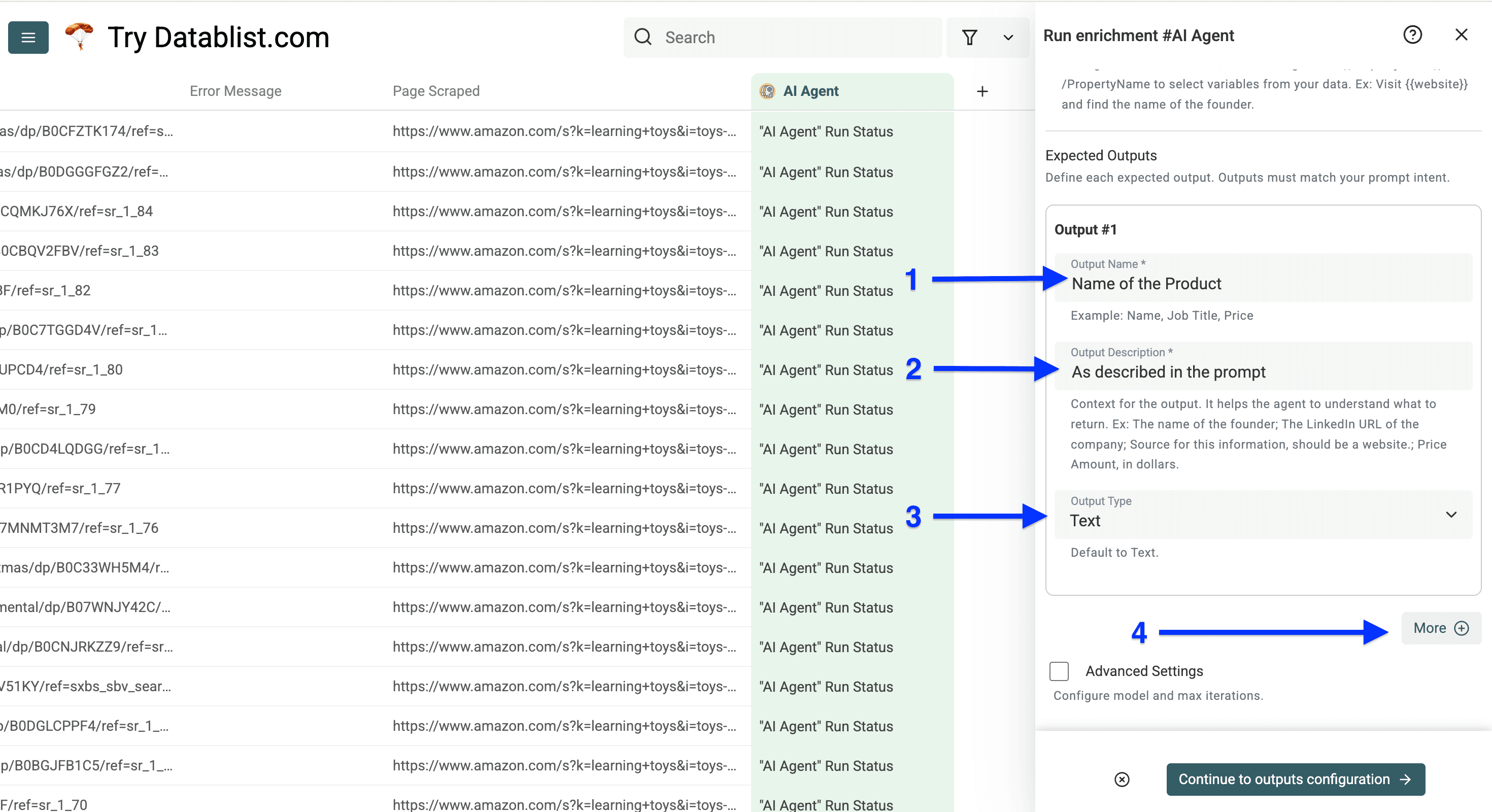 Output setup of Datablist’s AI Agent for scraping Amazon product details