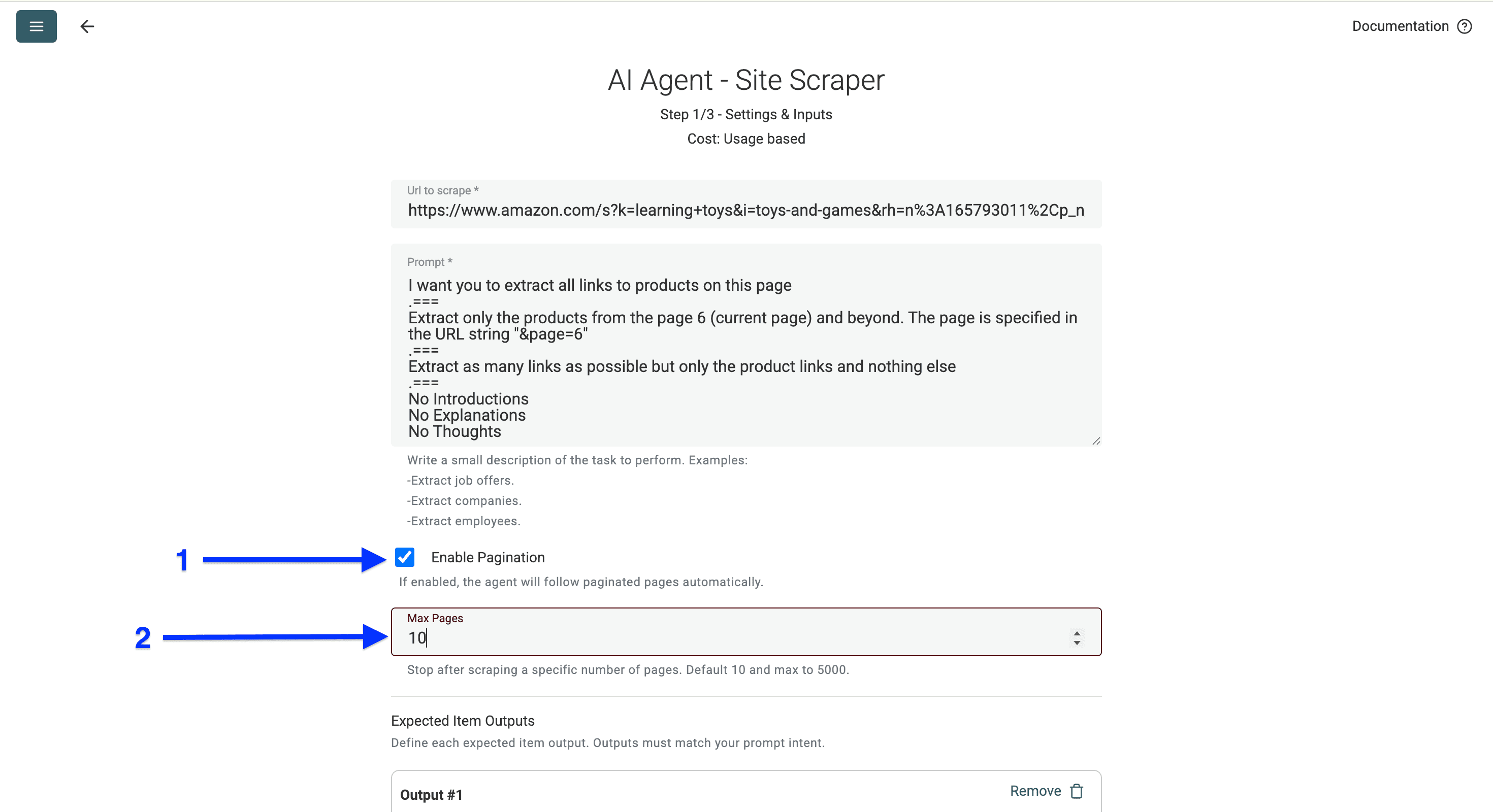 Pagination settings of AI Agent for scraping Amazon product links