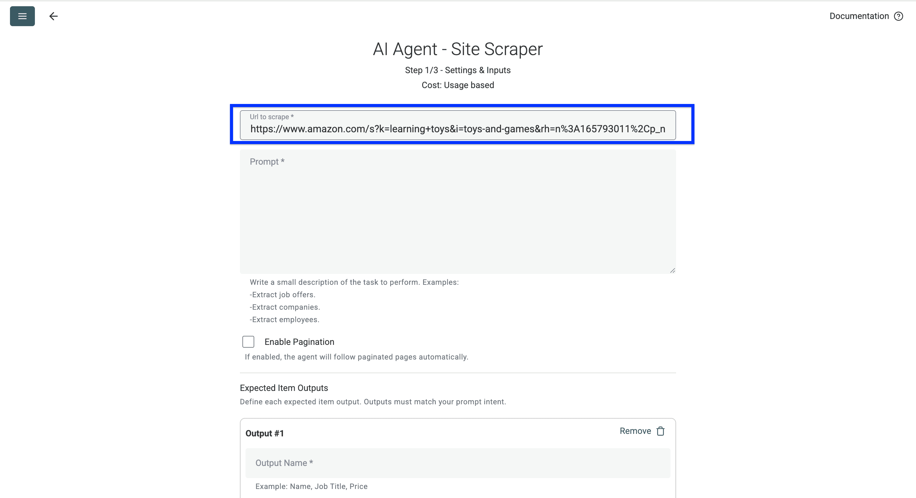 URL setup of AI Agent to scrape Amazon search