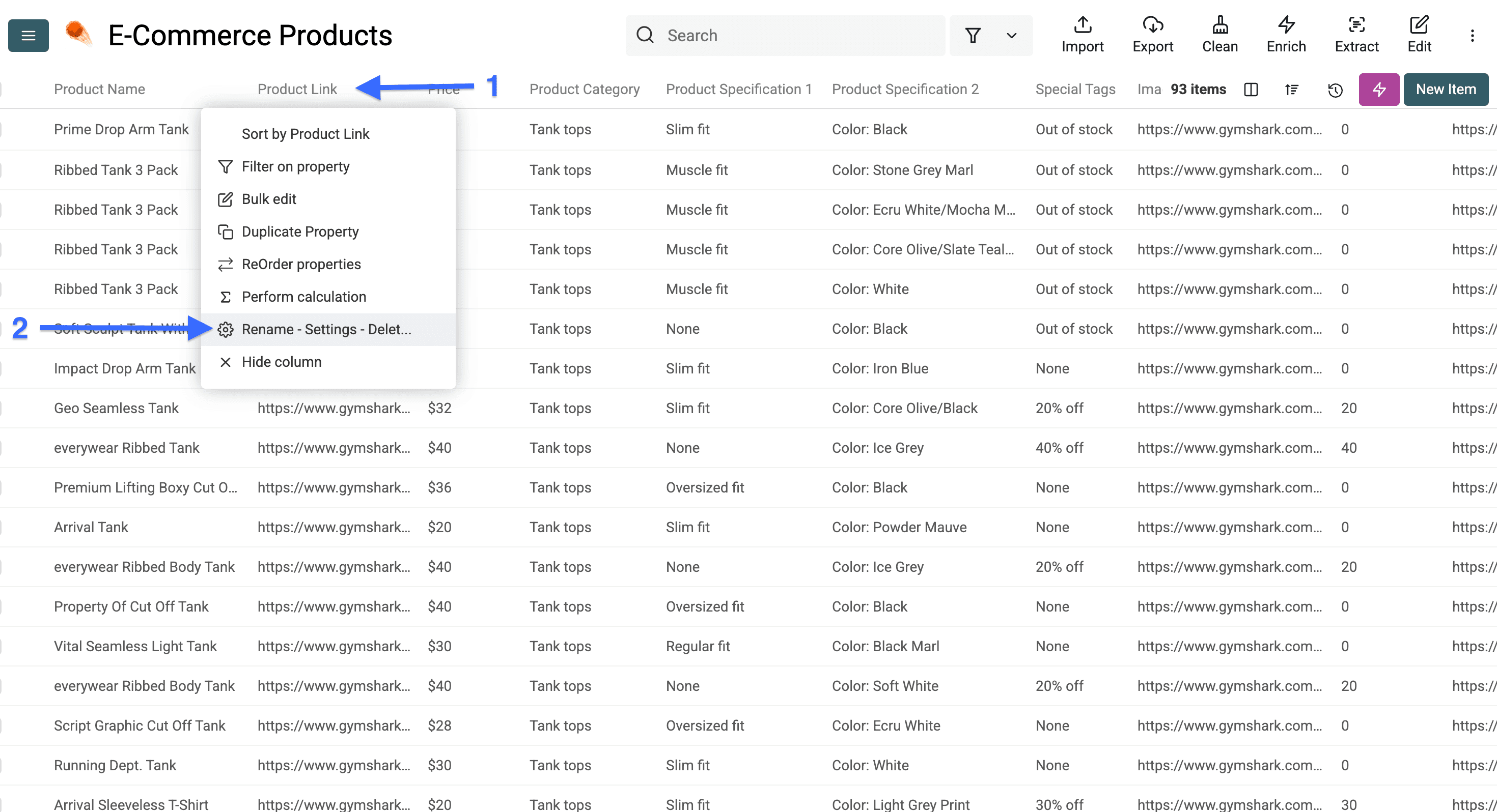 The column options in Datablist