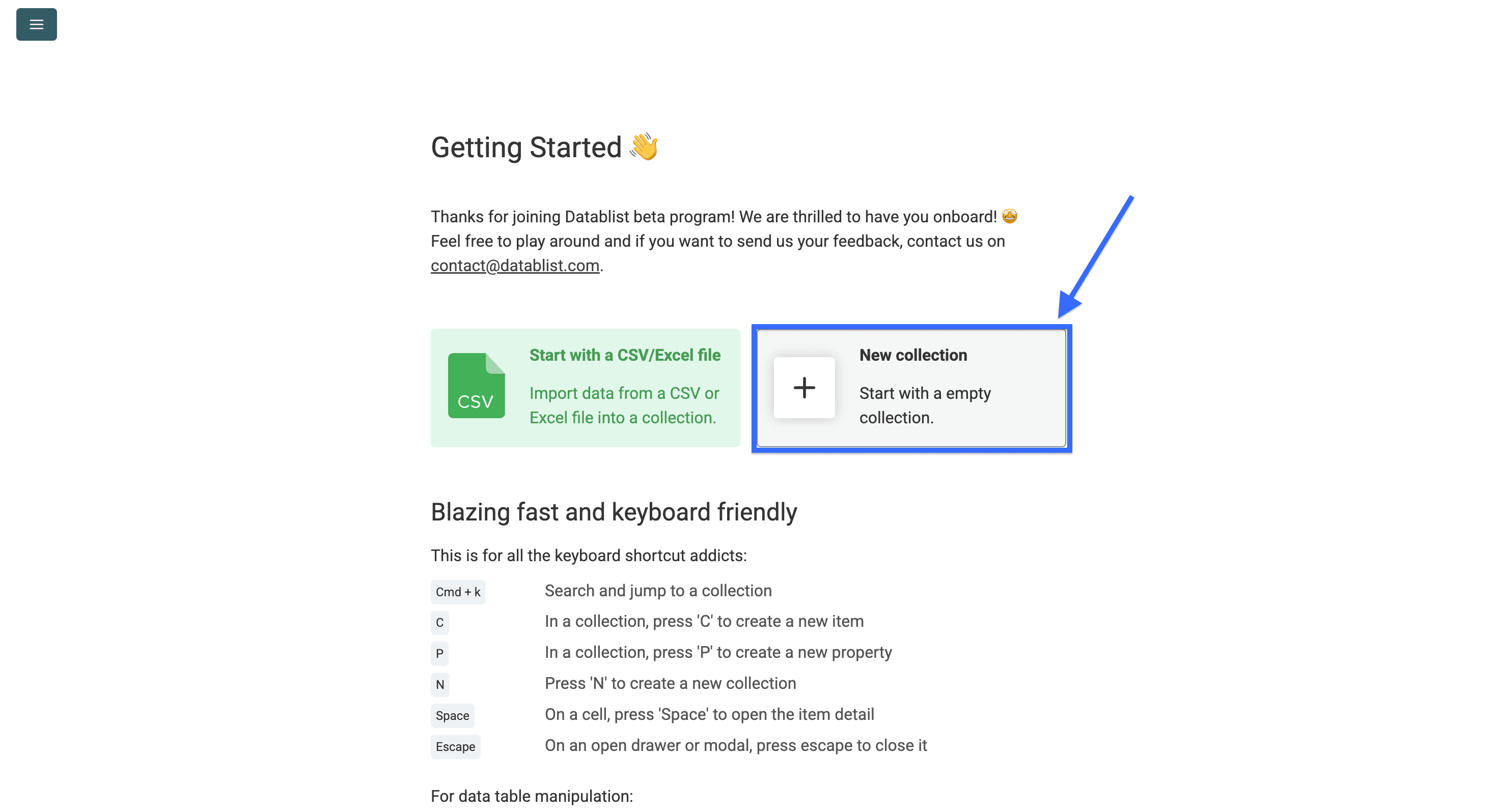 Datablist’s page to create a new collection