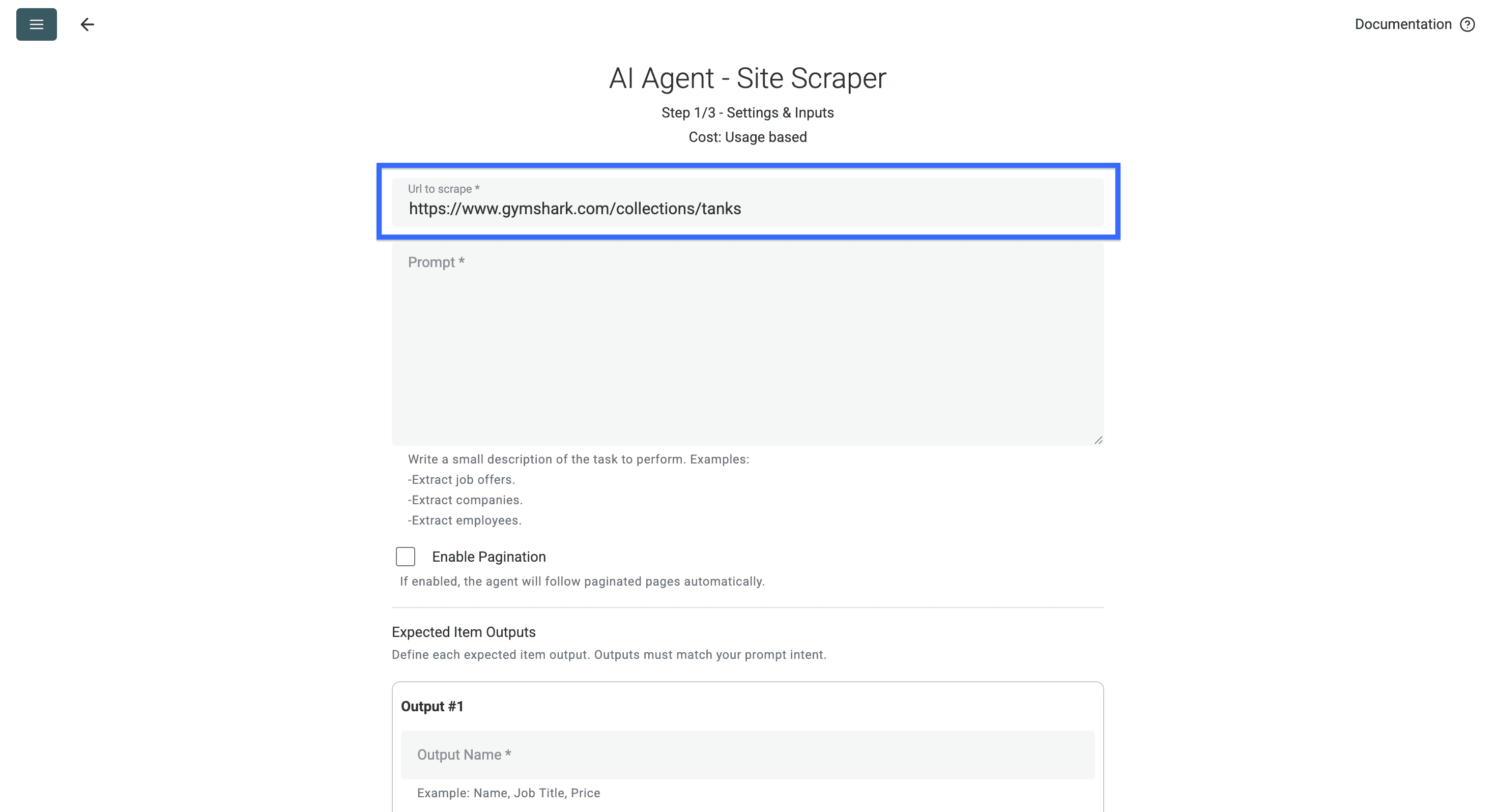The URL of the category page I want to scrape with the AI agent