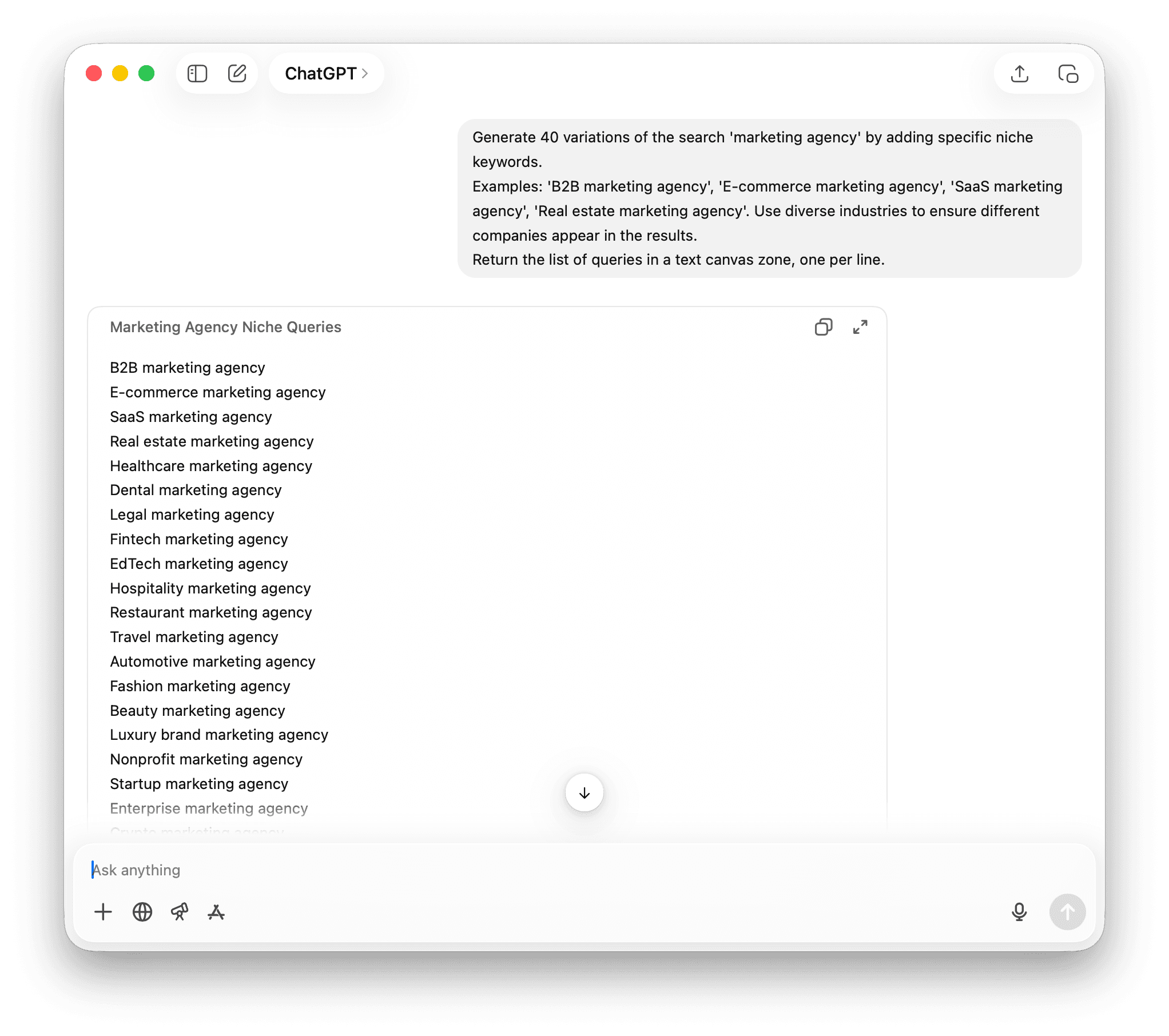 ChatGPT to generate keyword variations