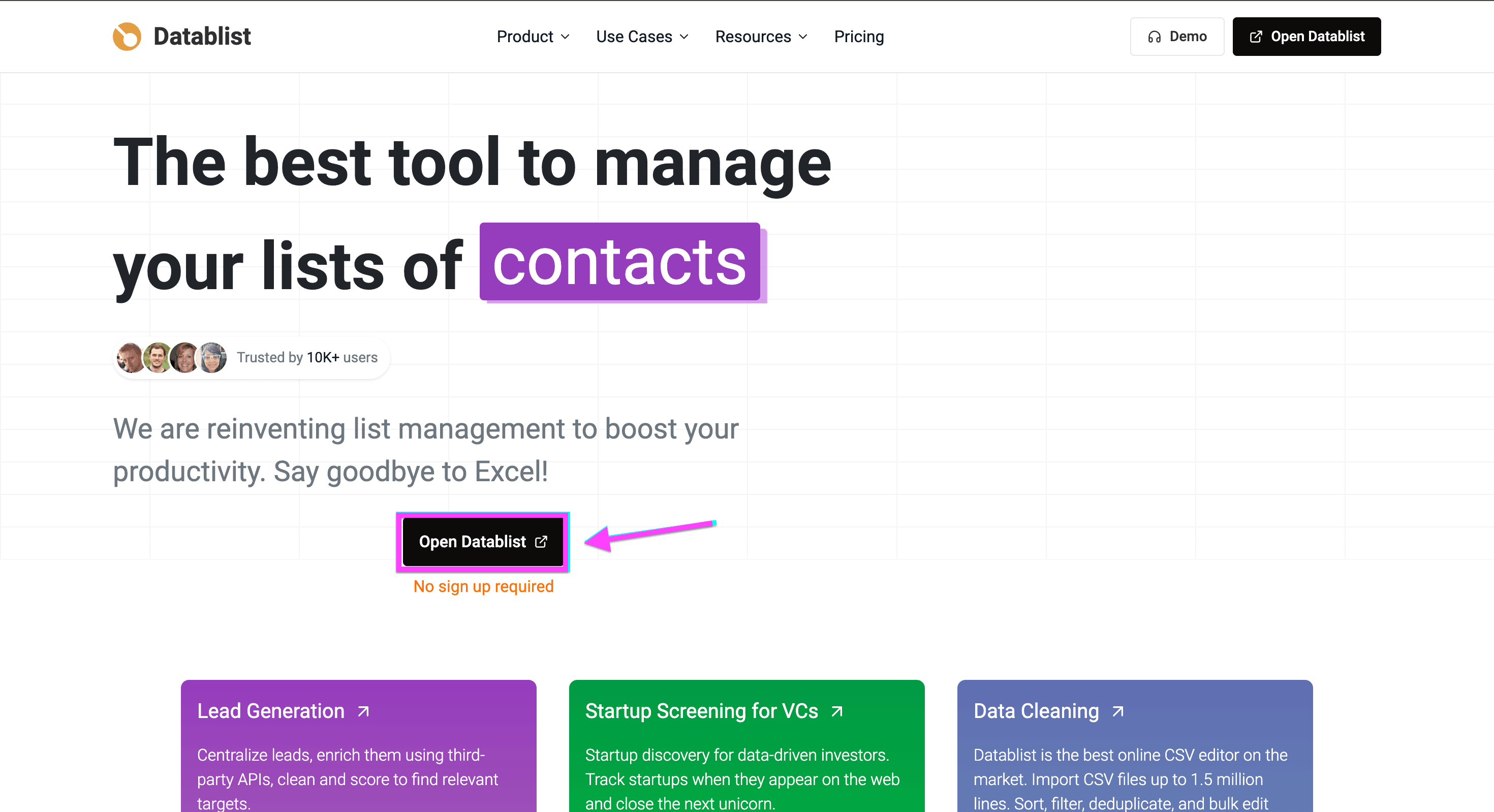 Datablist.com landing page