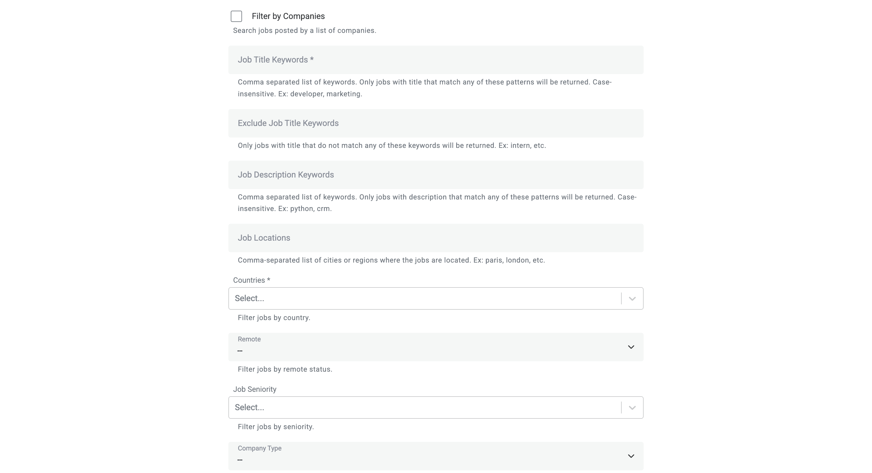 Filter configuration for Datablist’s Job Boards Scraper
