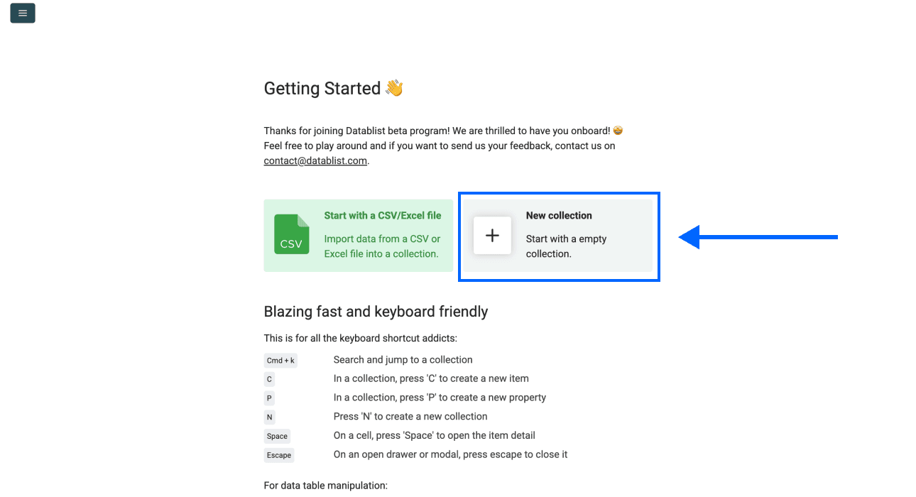 Datablist’s starting page