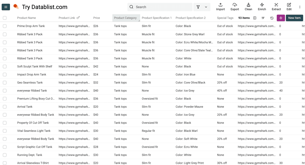 Scraped product data