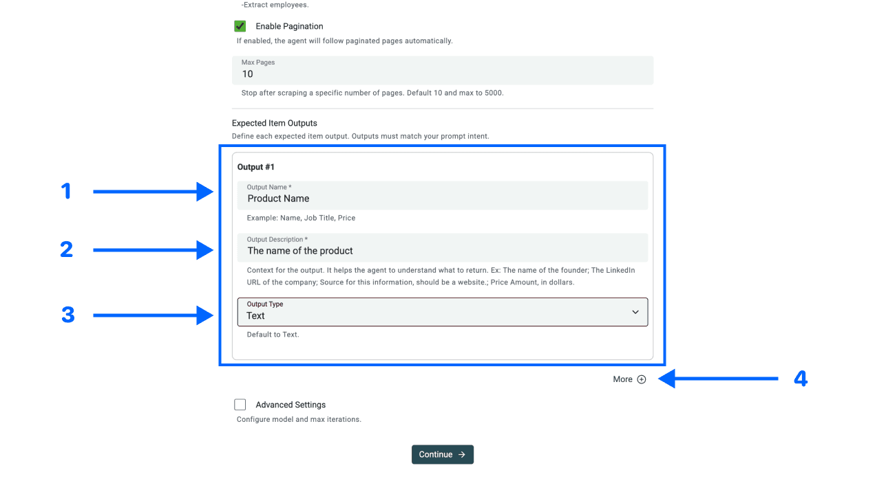 Datablist AI scraping agent, output configuration