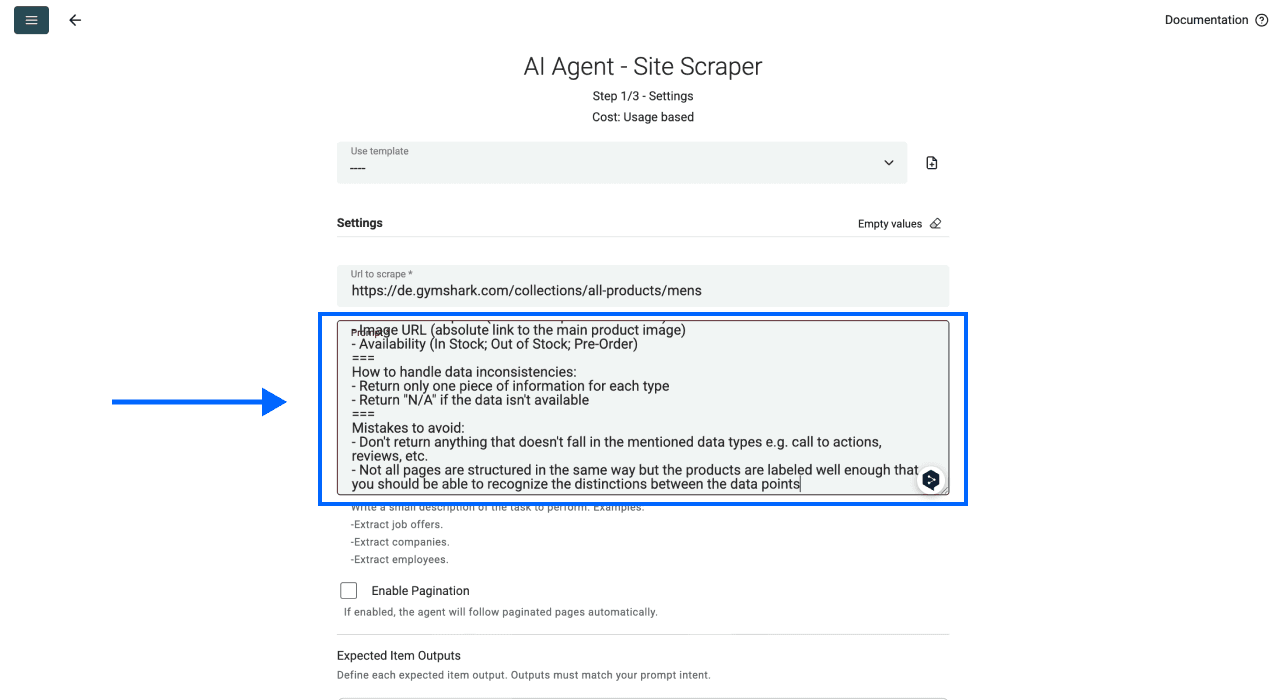 Datablist AI scraping agent, prompt cofiguration