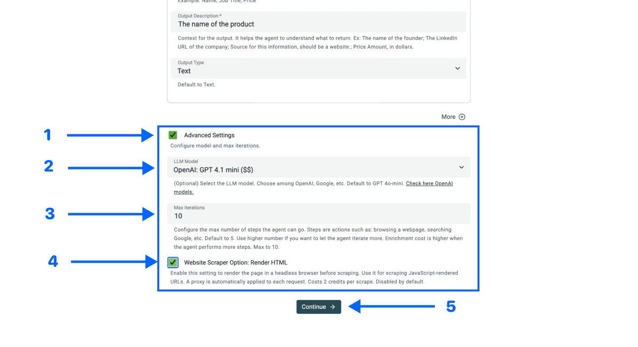 Datablist AI scraping agent, advanced settings