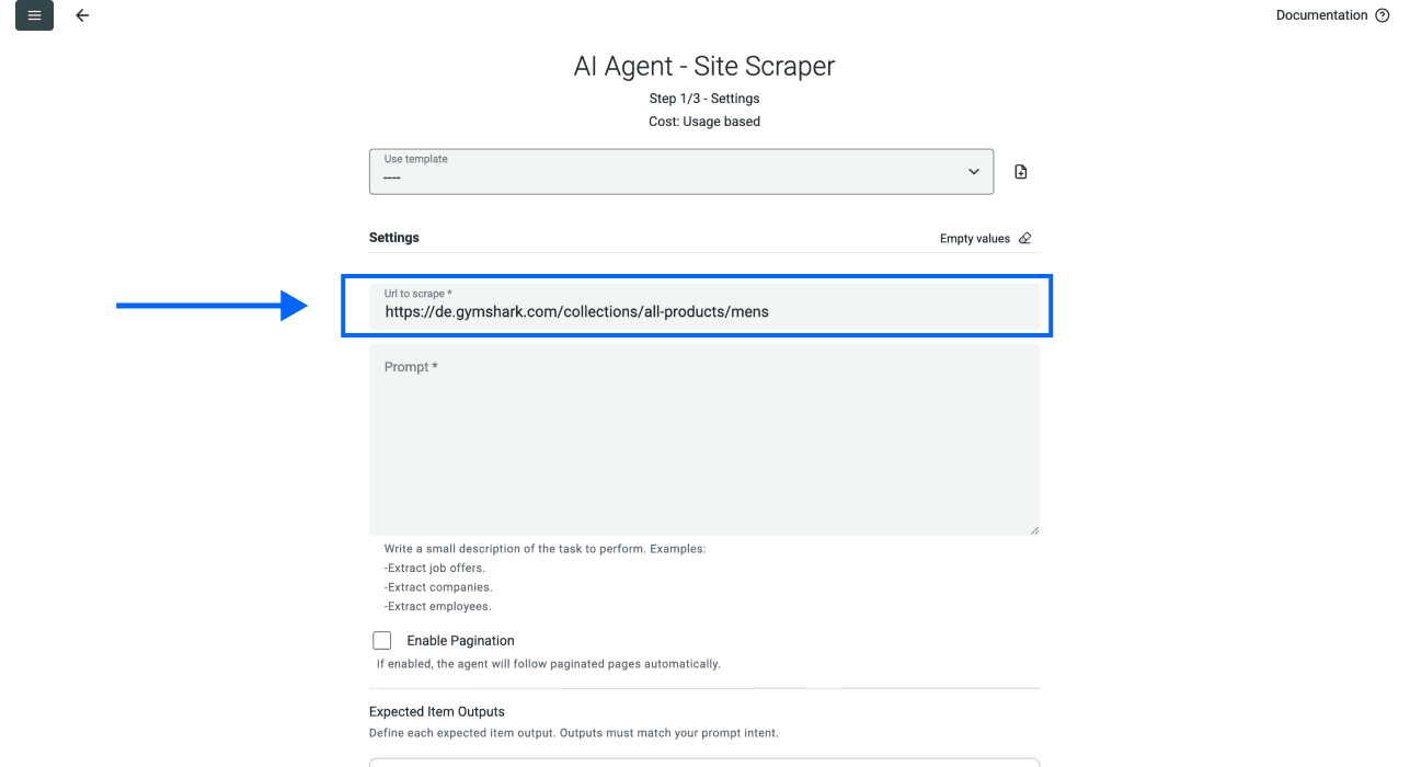 Datablist AI scraping agent, URL settings