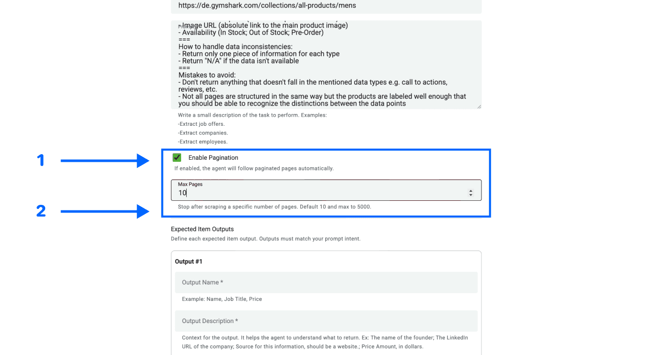 Datablist AI scraping agent, pagination settings