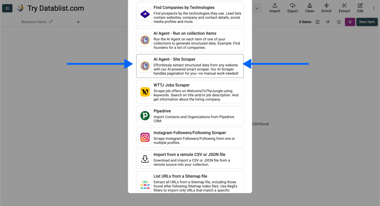 Datablist sources, AI scraping agent