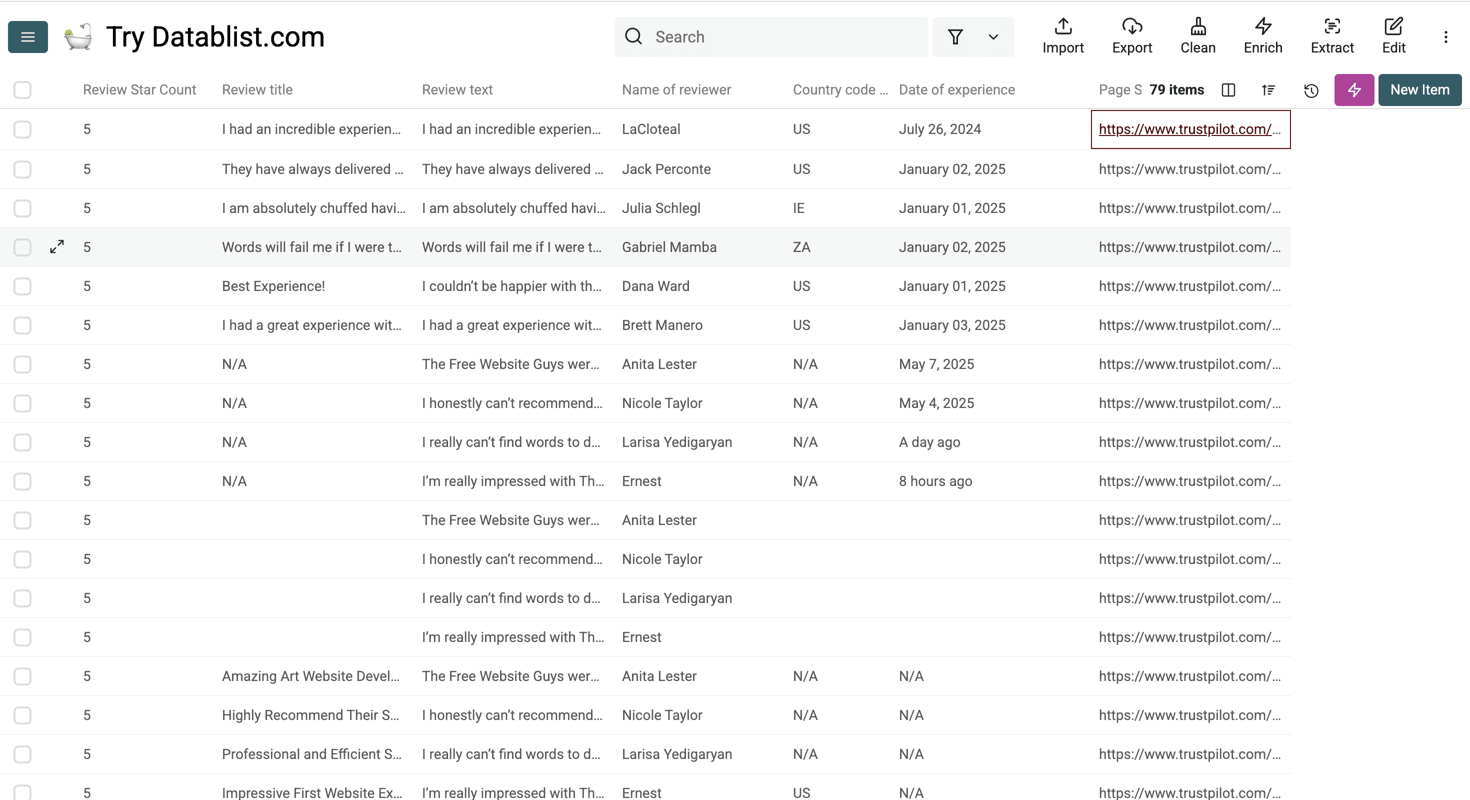 The scraped Trustpilot reviews we got using the AI-Scraper of Datablist