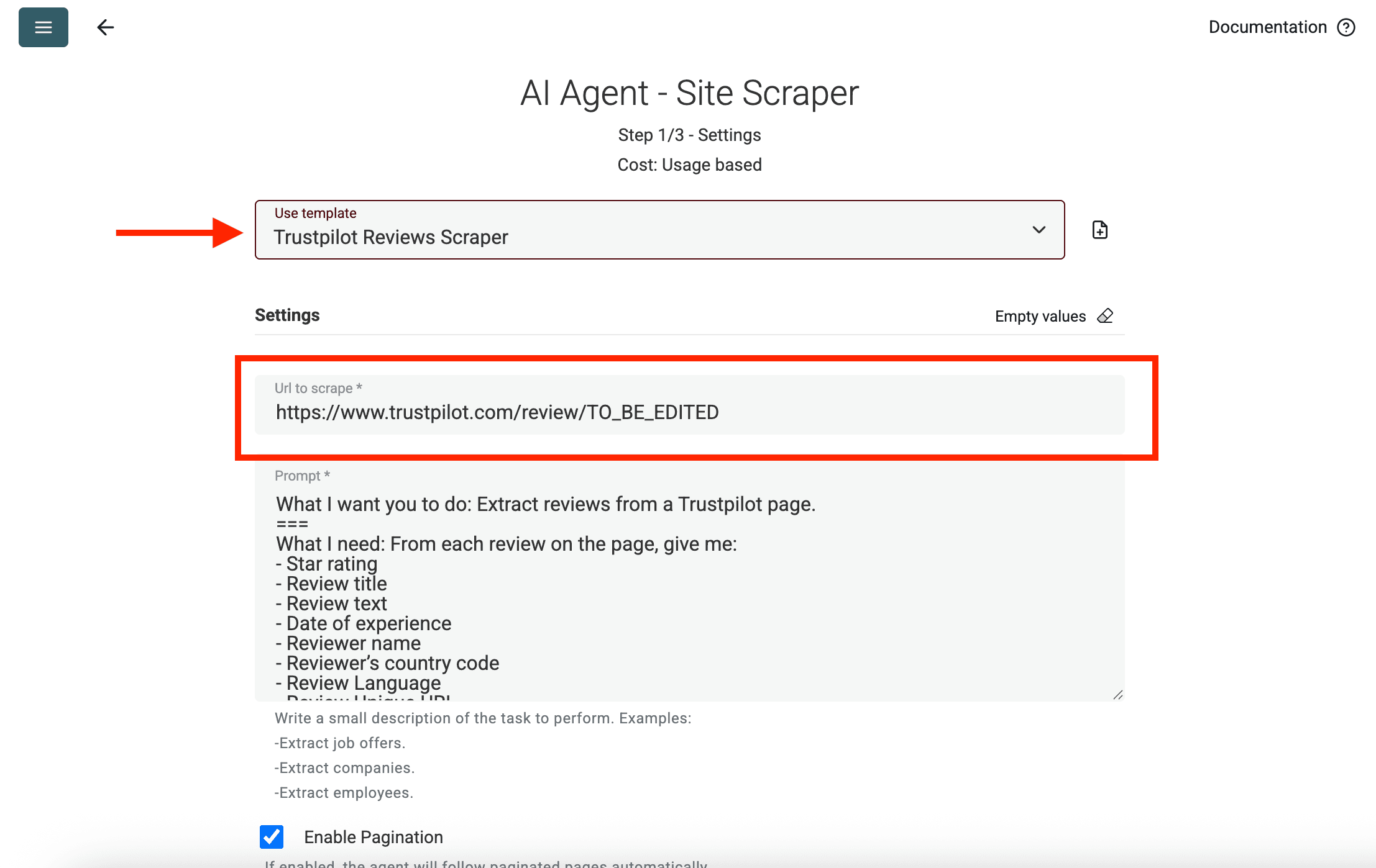 Select Trustpilot Scraping Template