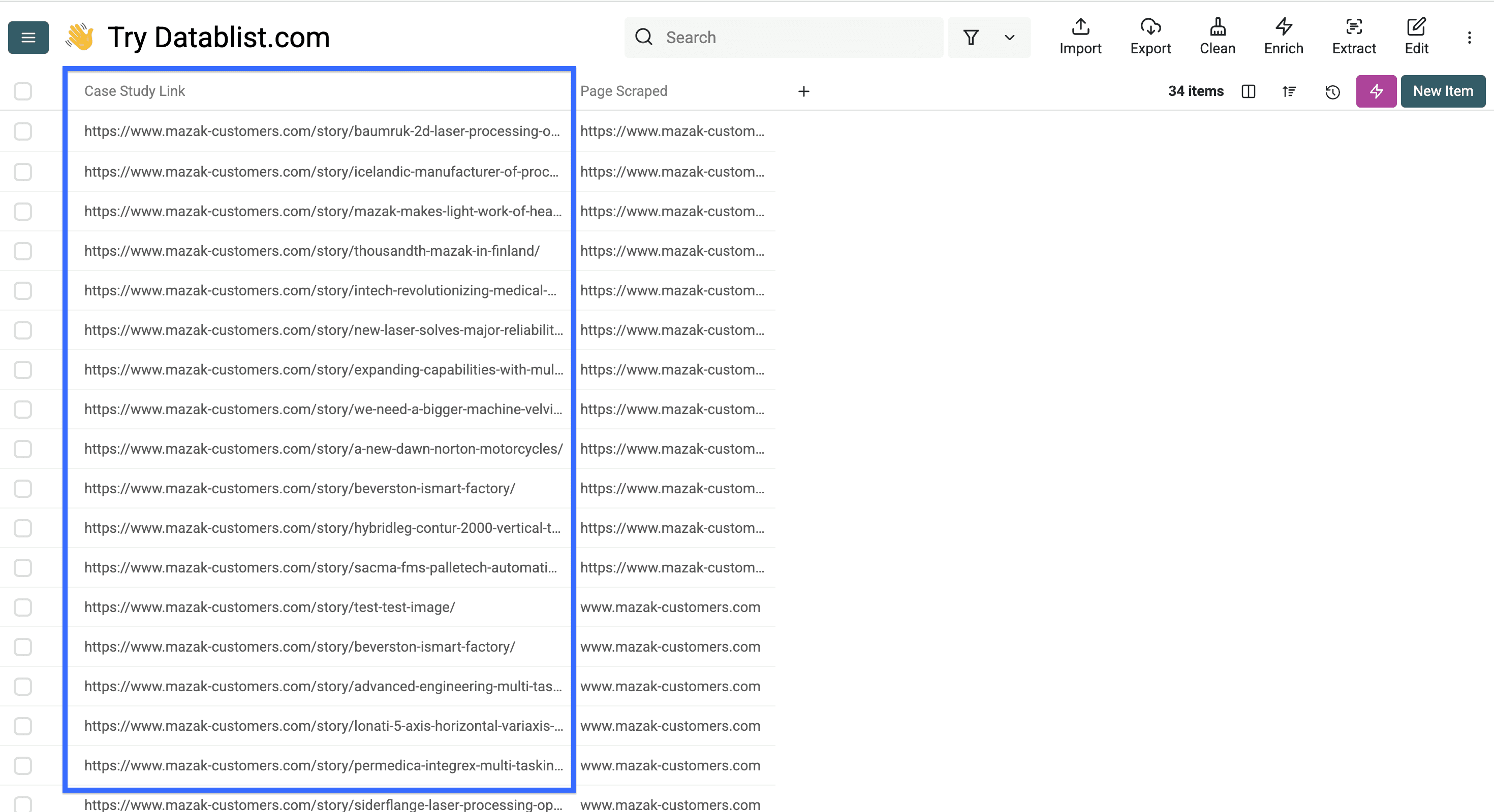 The case study links we scraped with Datablist’s AI agent