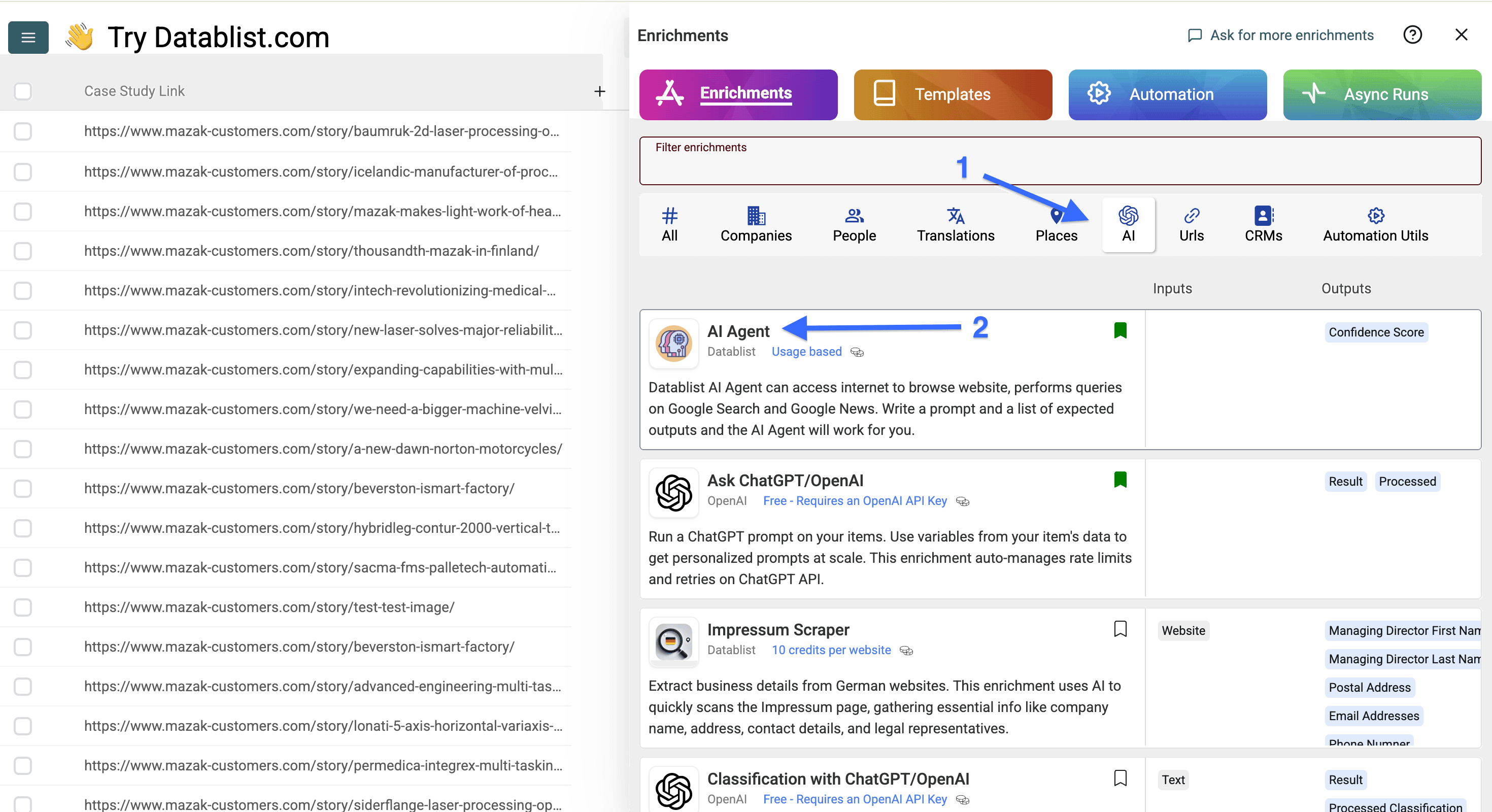 Datablist’s AI enrichments selection