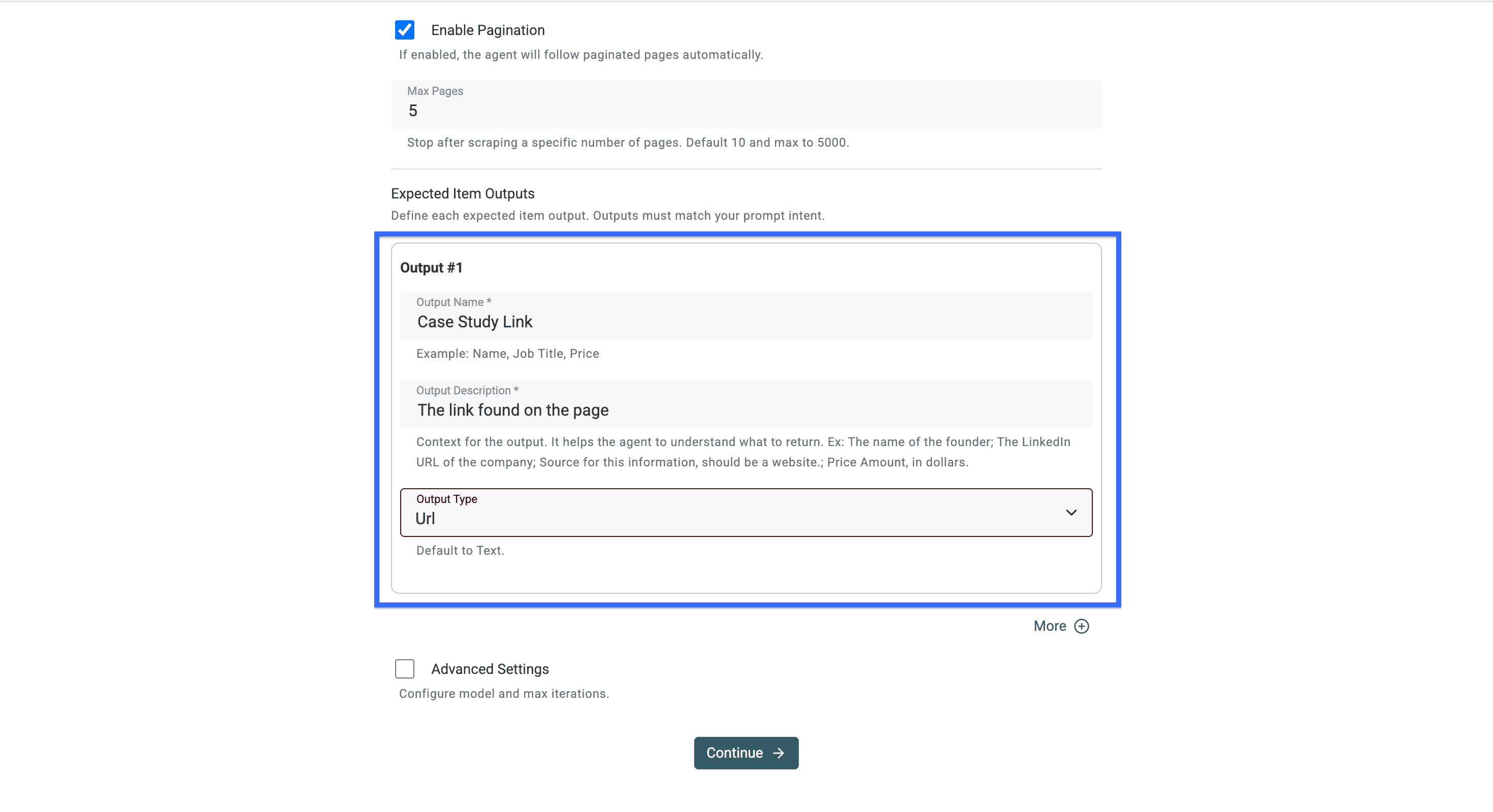 Output configuration for Datablist’s AI agent