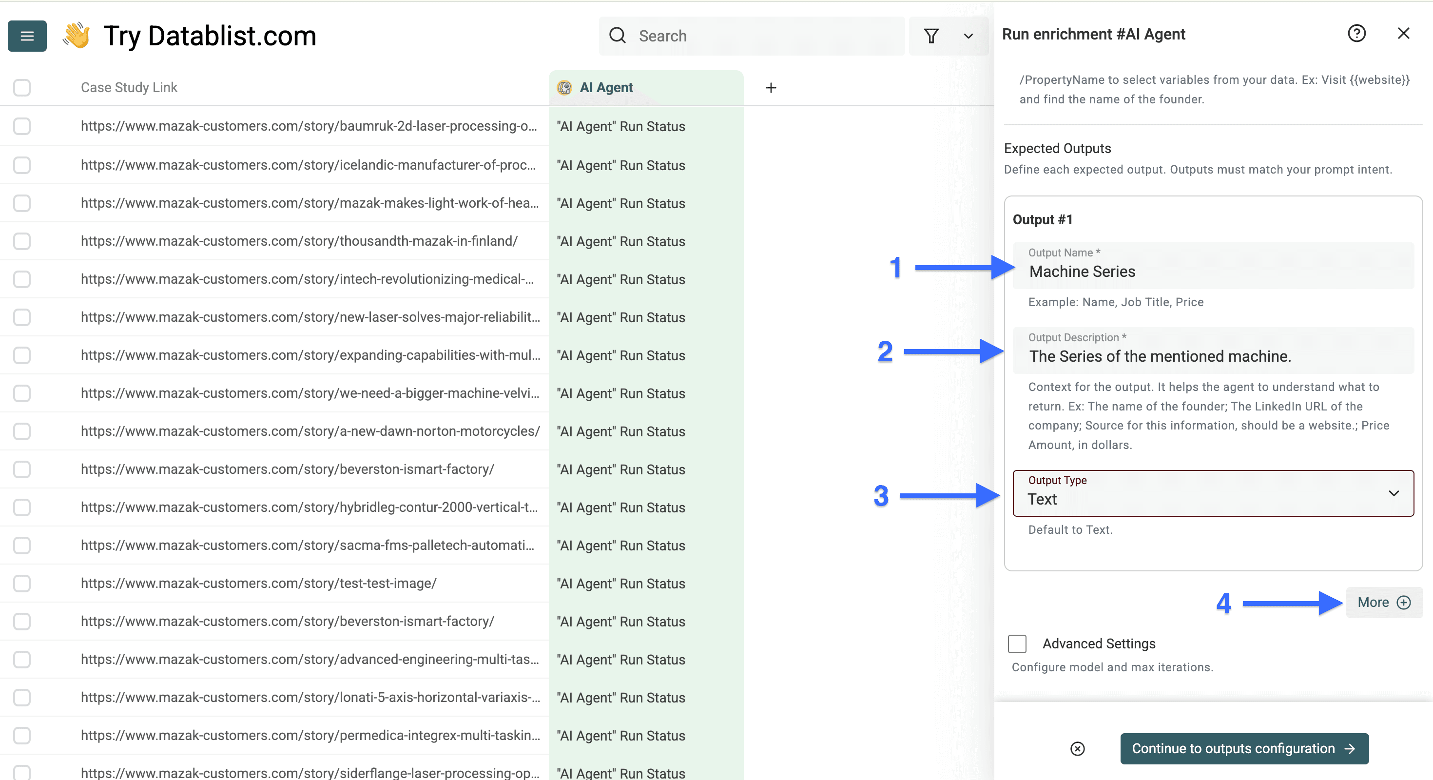 Output configuration for scraping case studies with Datablist