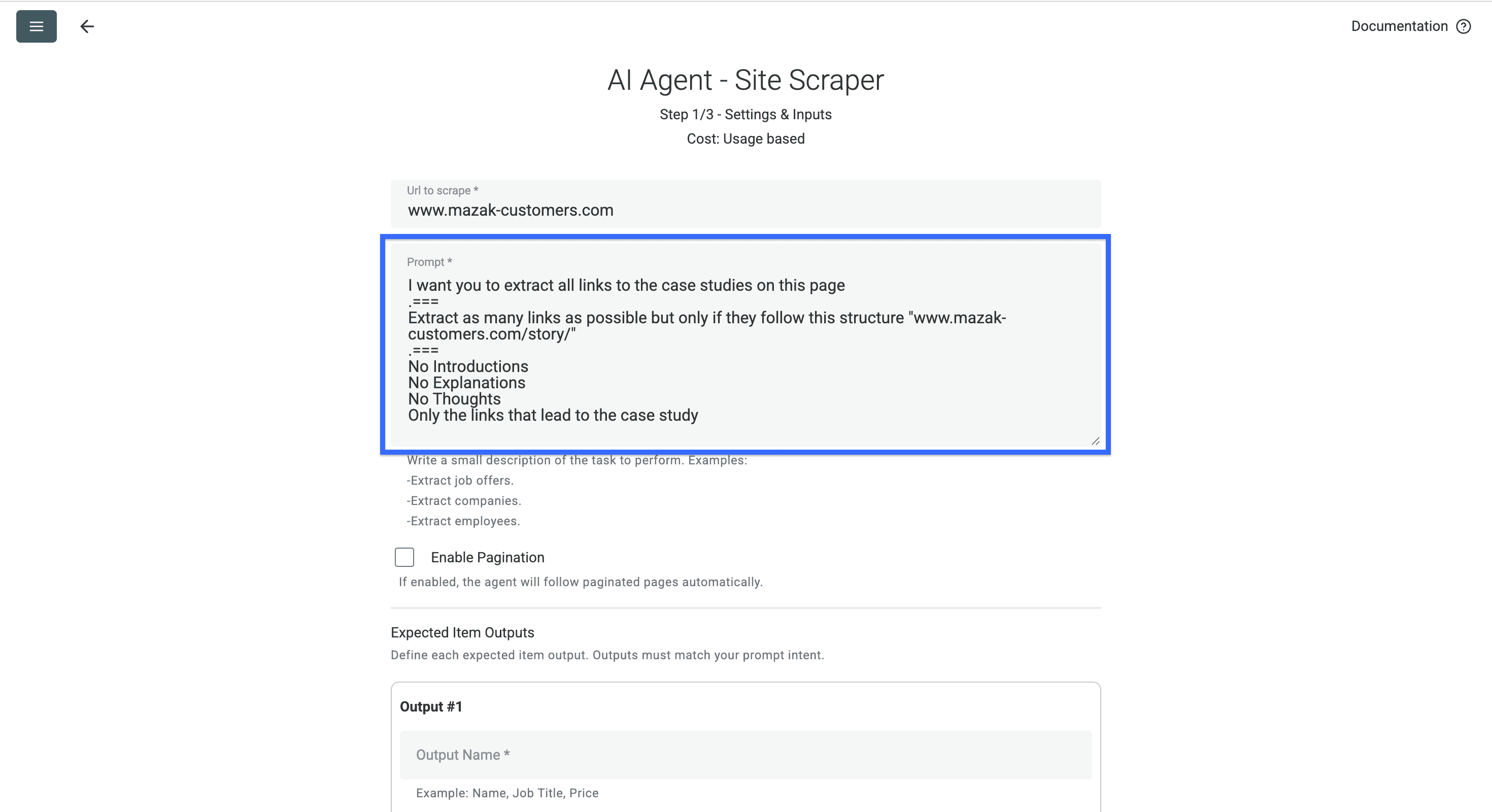 Prompt configuration to scrape case studies with Datablist