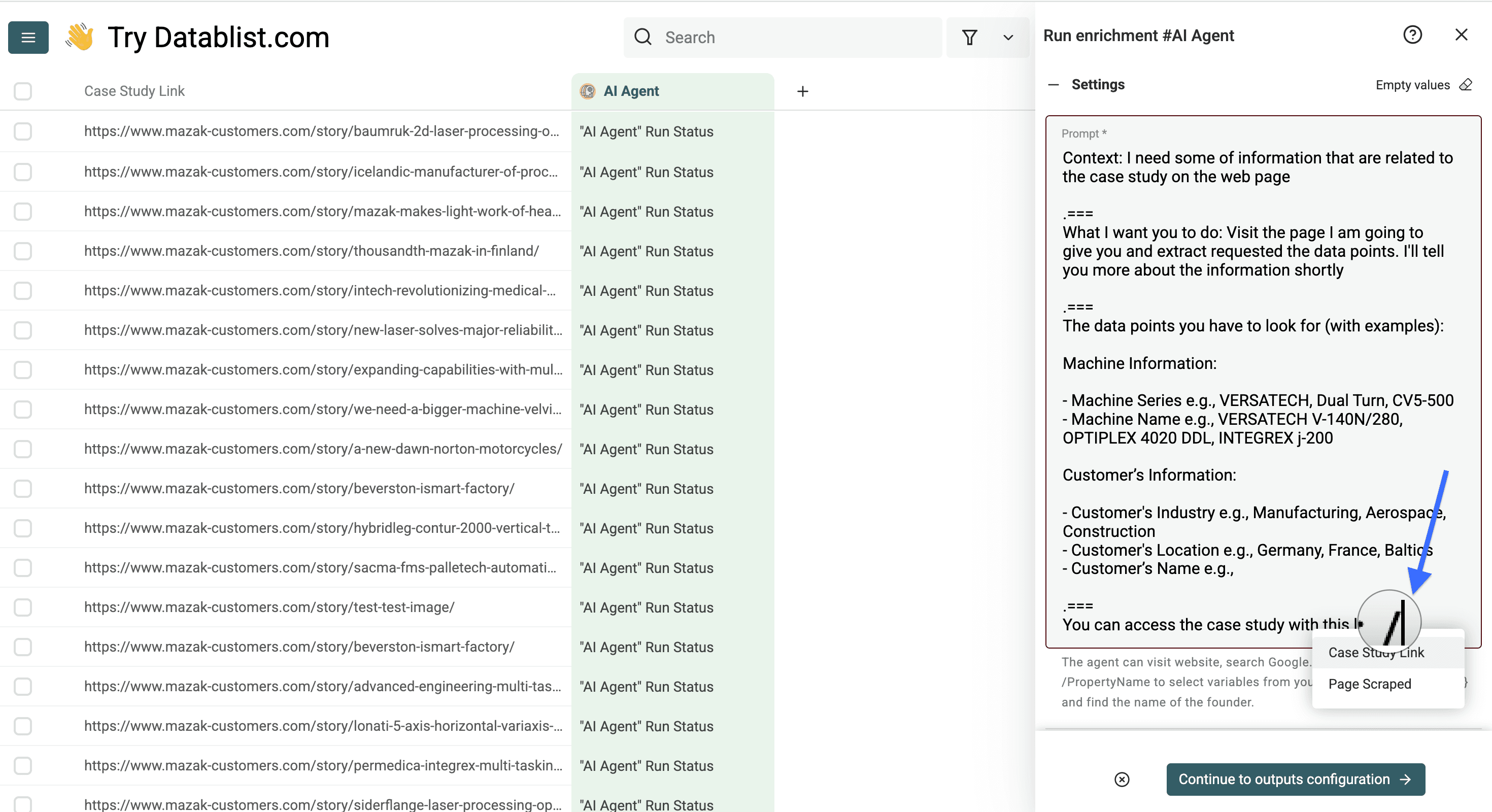 Prompt configuration for scraping case studies with Datablist