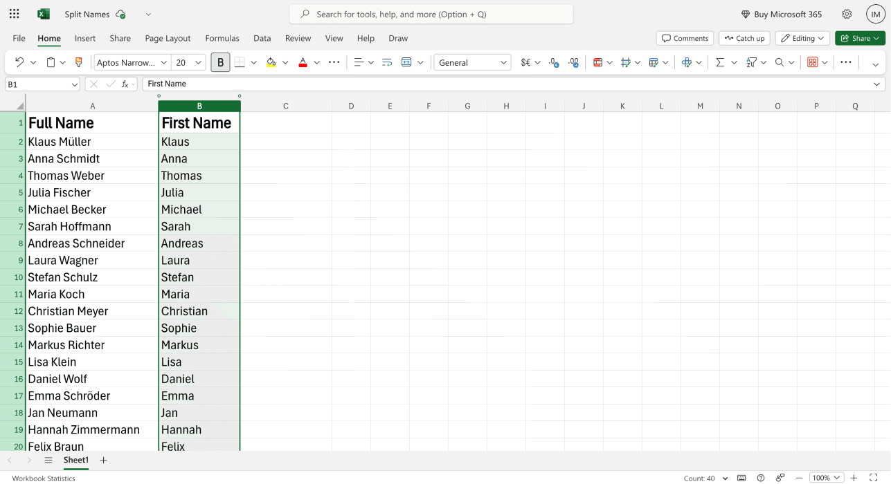 How To Split Names In Excel - First Name Formula Applied