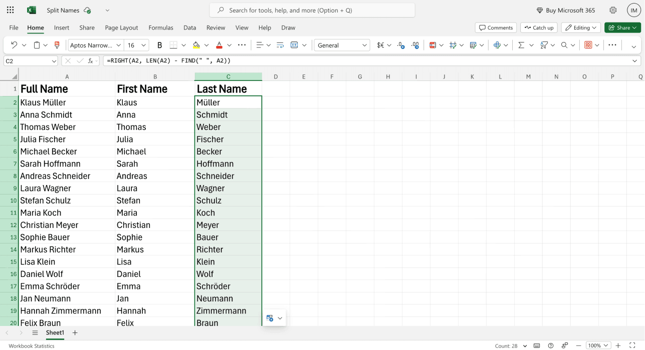 How To Split Names In Excel - Last Name Formula Applied