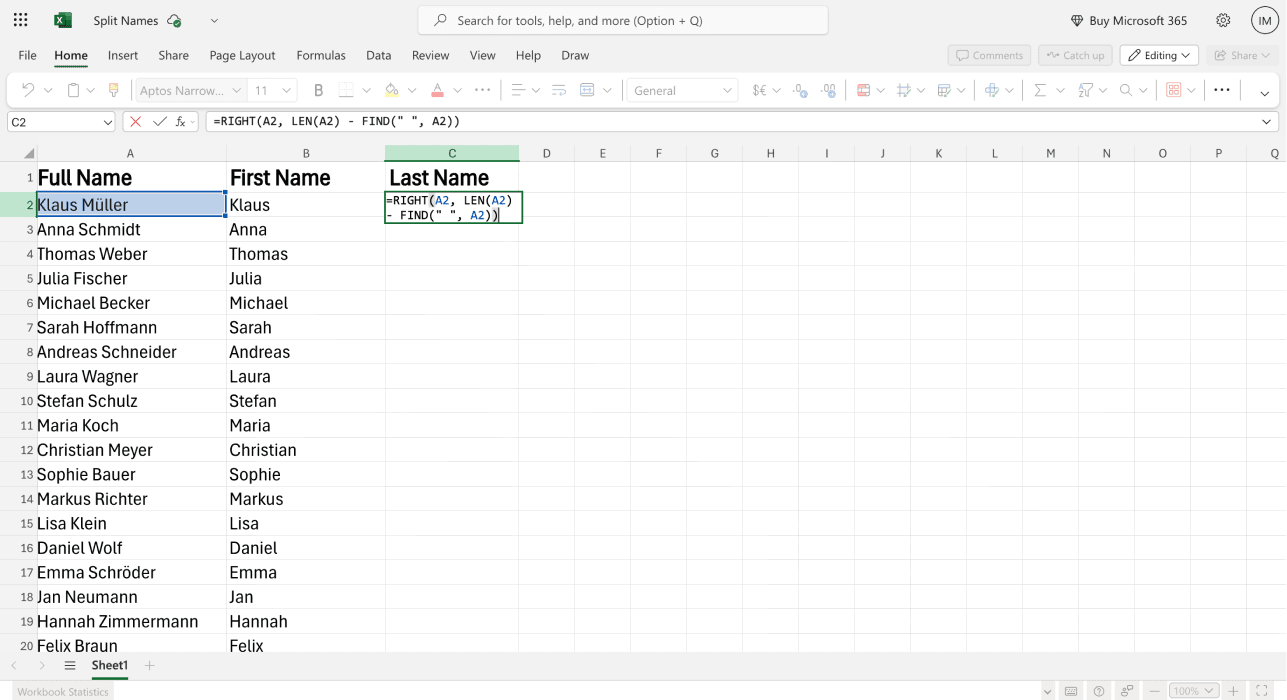 How To Split Names In Excel - Last Name Formula