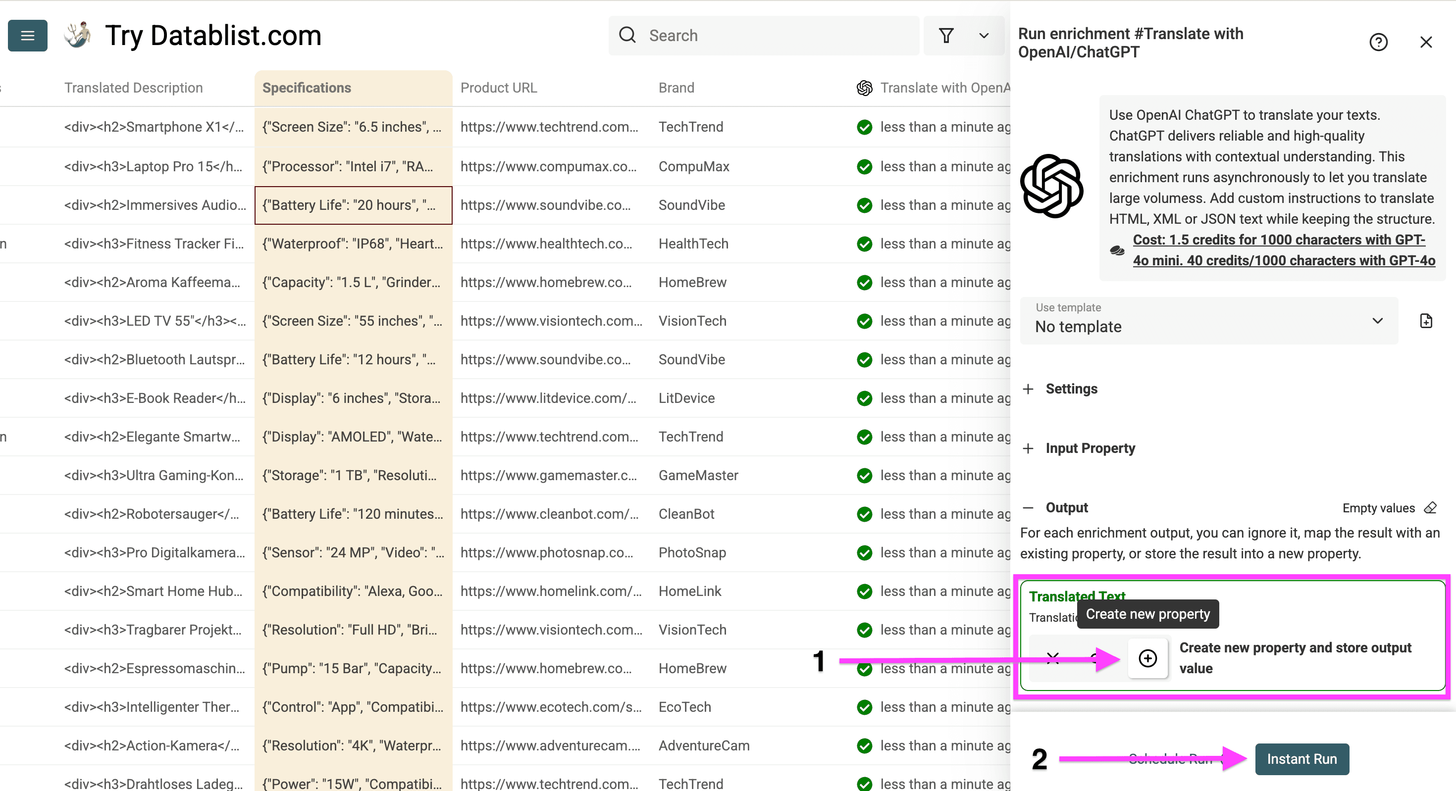 Creating a new column to store translated product specifications