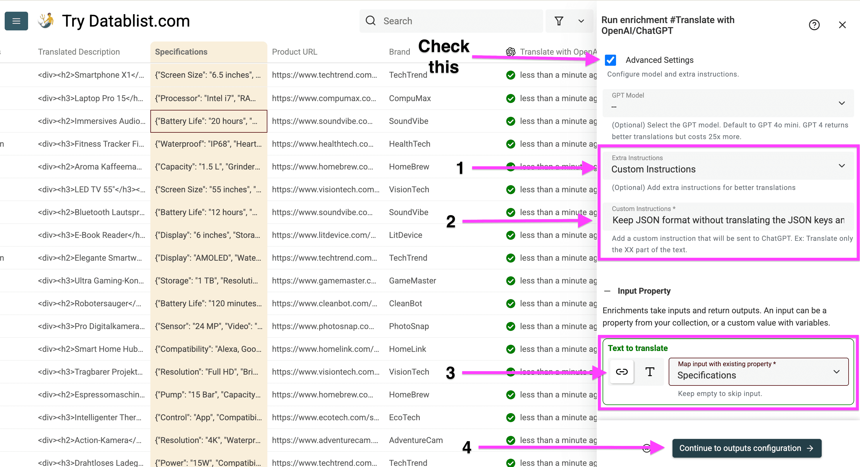 Custom instructions for our AI to translate product specifications