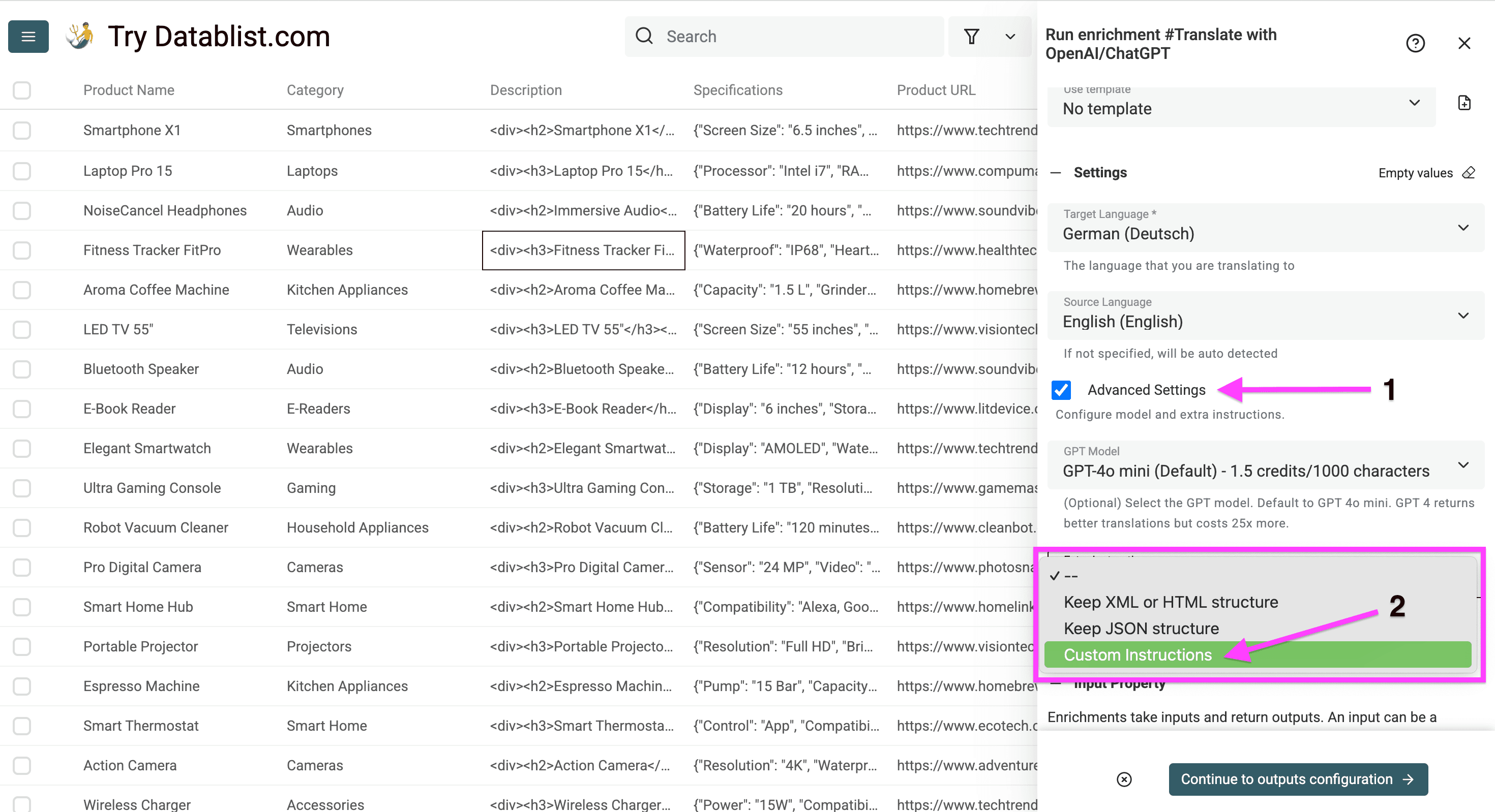 Datablist’s AI translator options