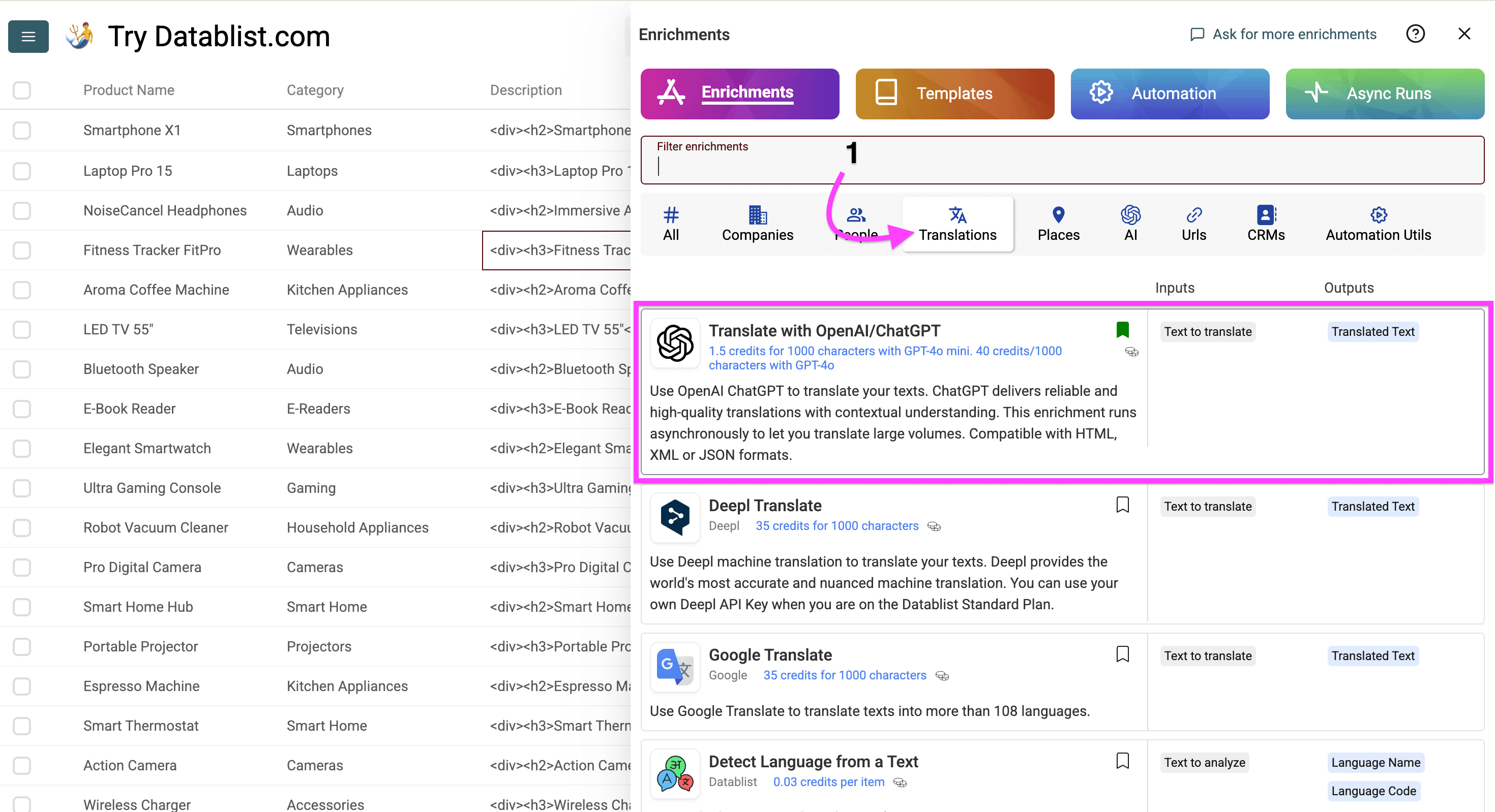 Datablist’s translation menu