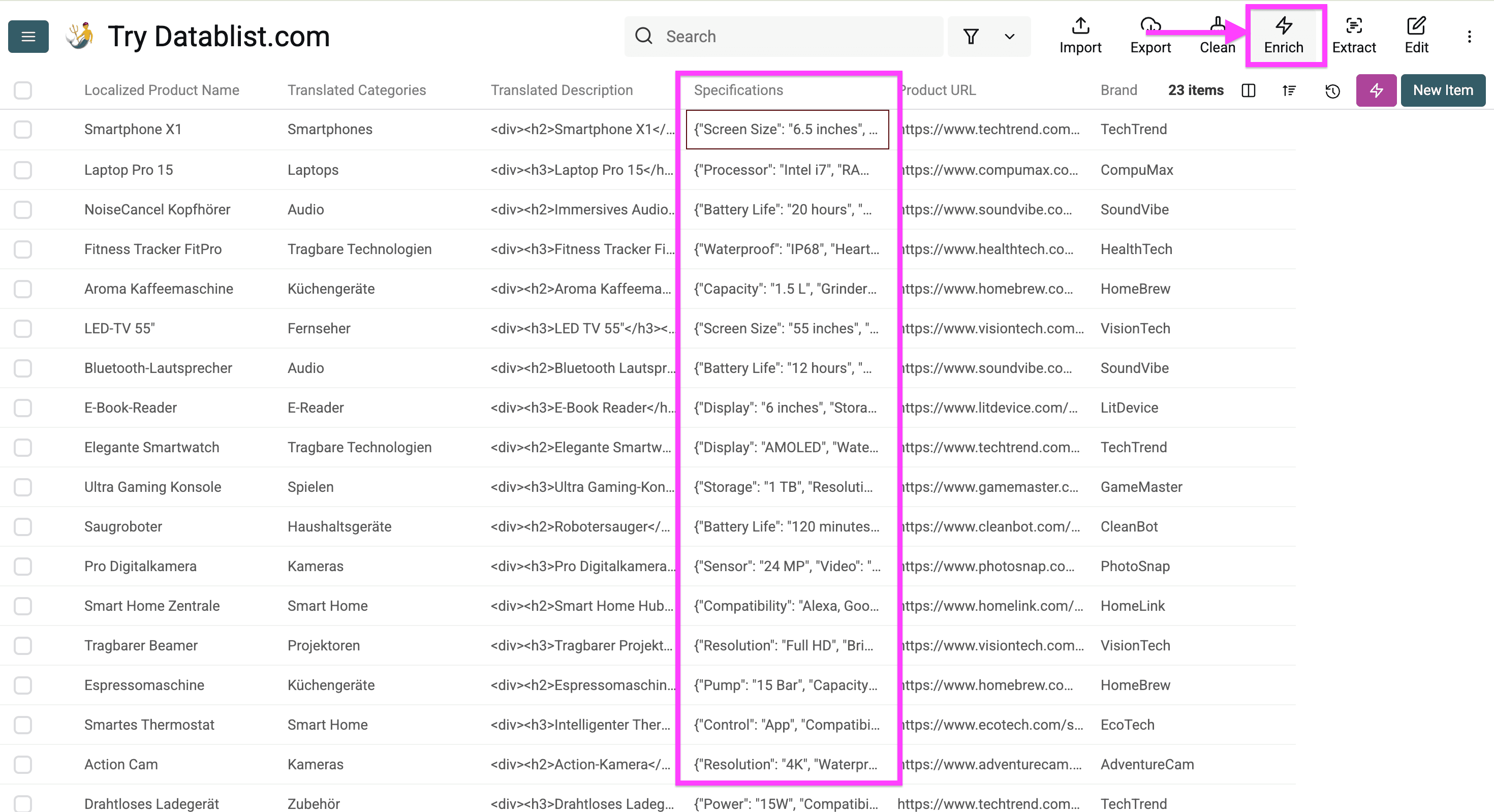 My Datablist collection with product specifications to translate