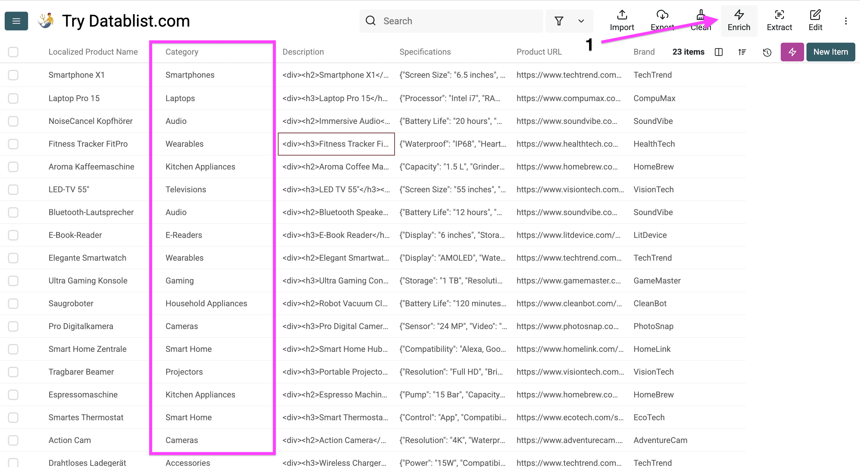 My product catalog with categories to translate