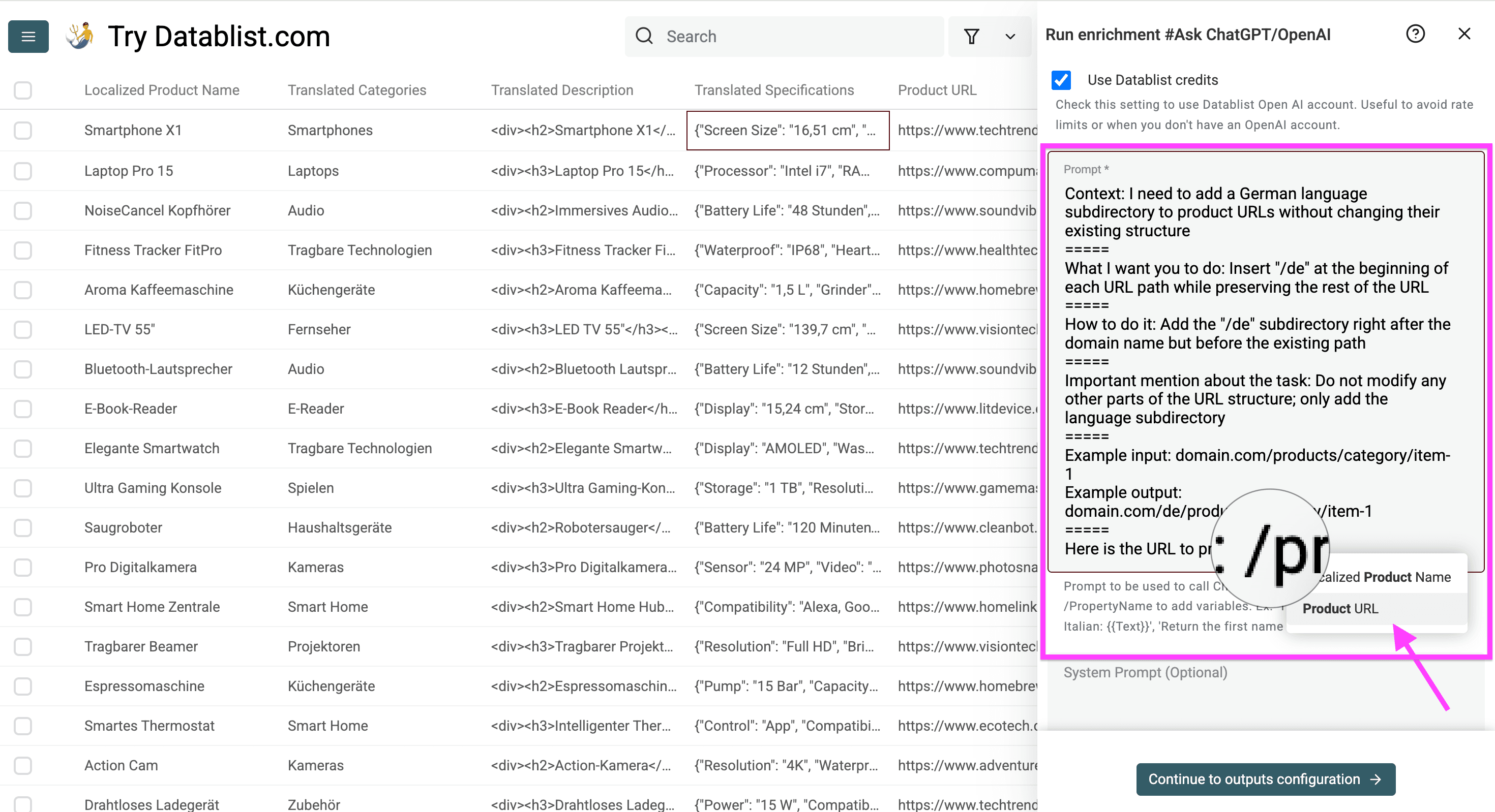 My prompt to add subdirectories to the product URLs