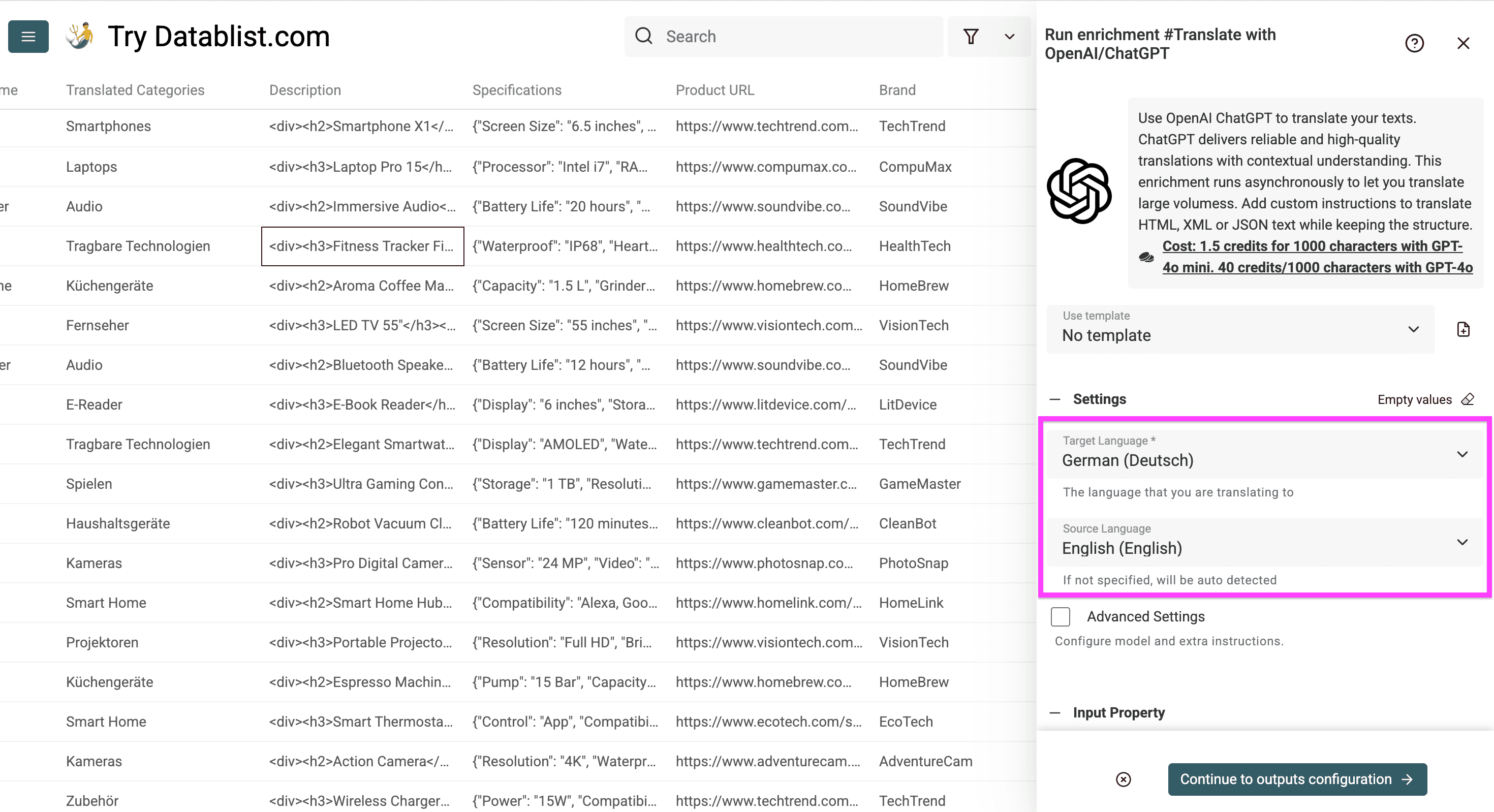 Source and target language of HTML product descriptions