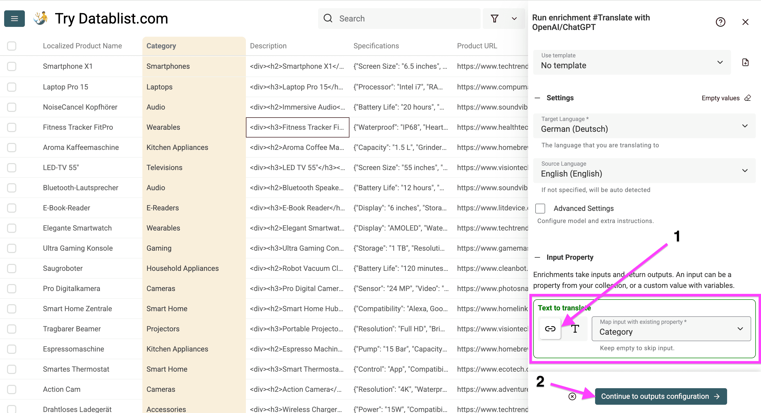 Source and target language of product category