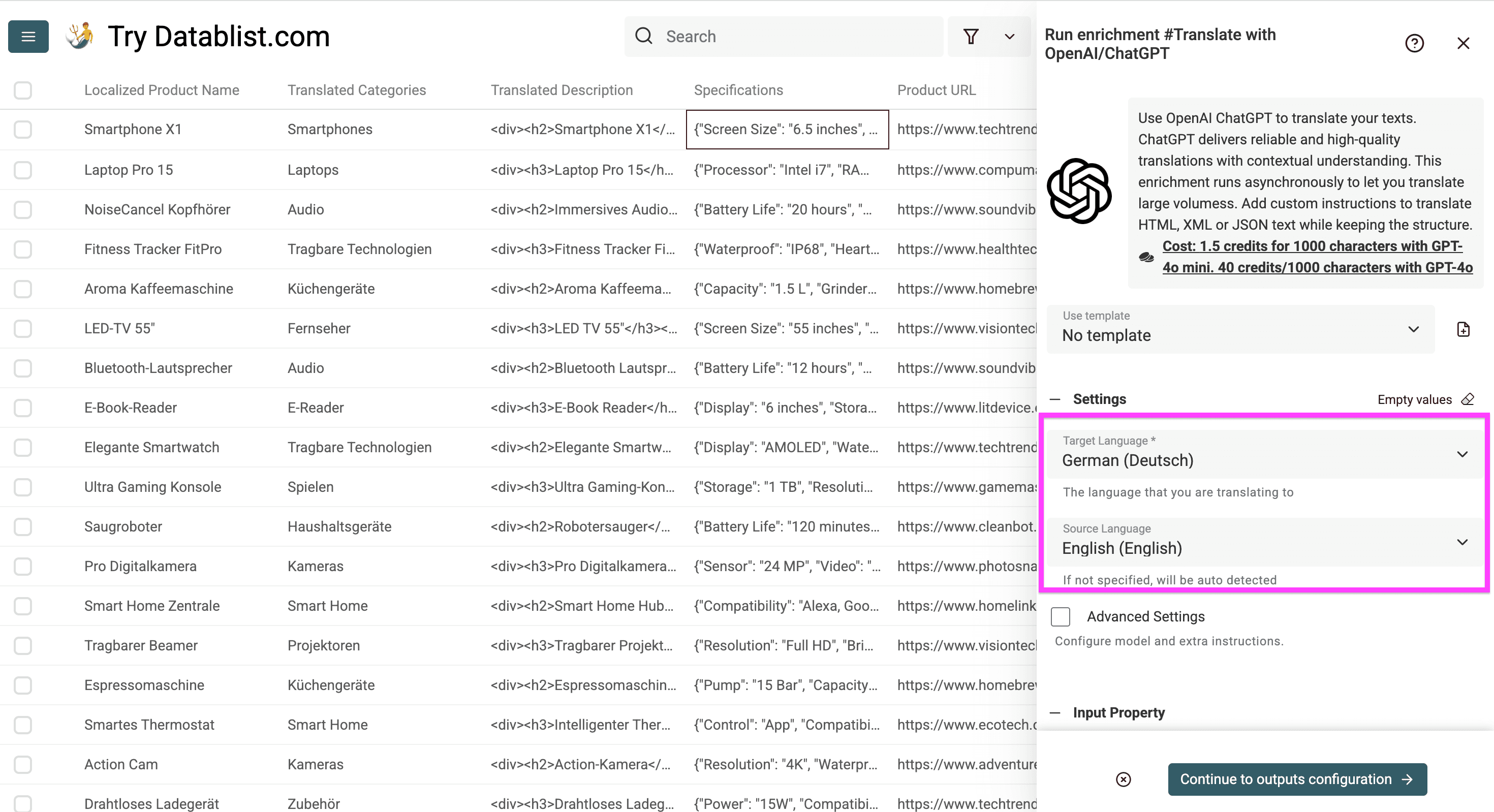 Source and target language of product specifications