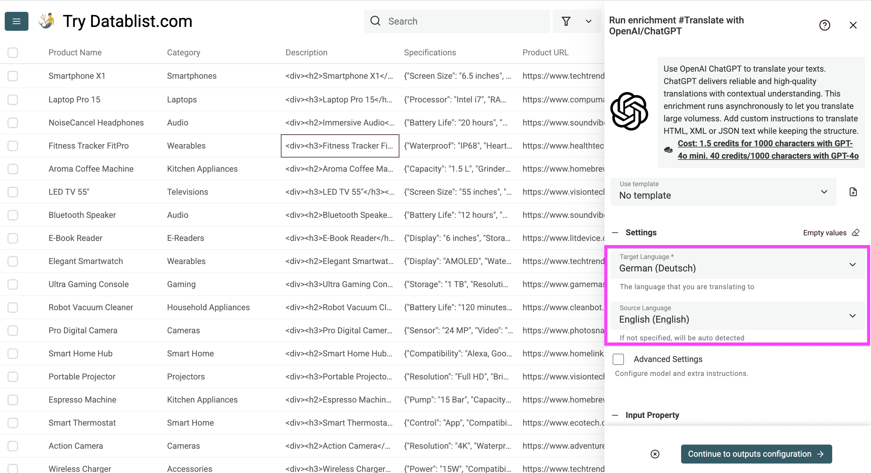 The source and target language of my product names