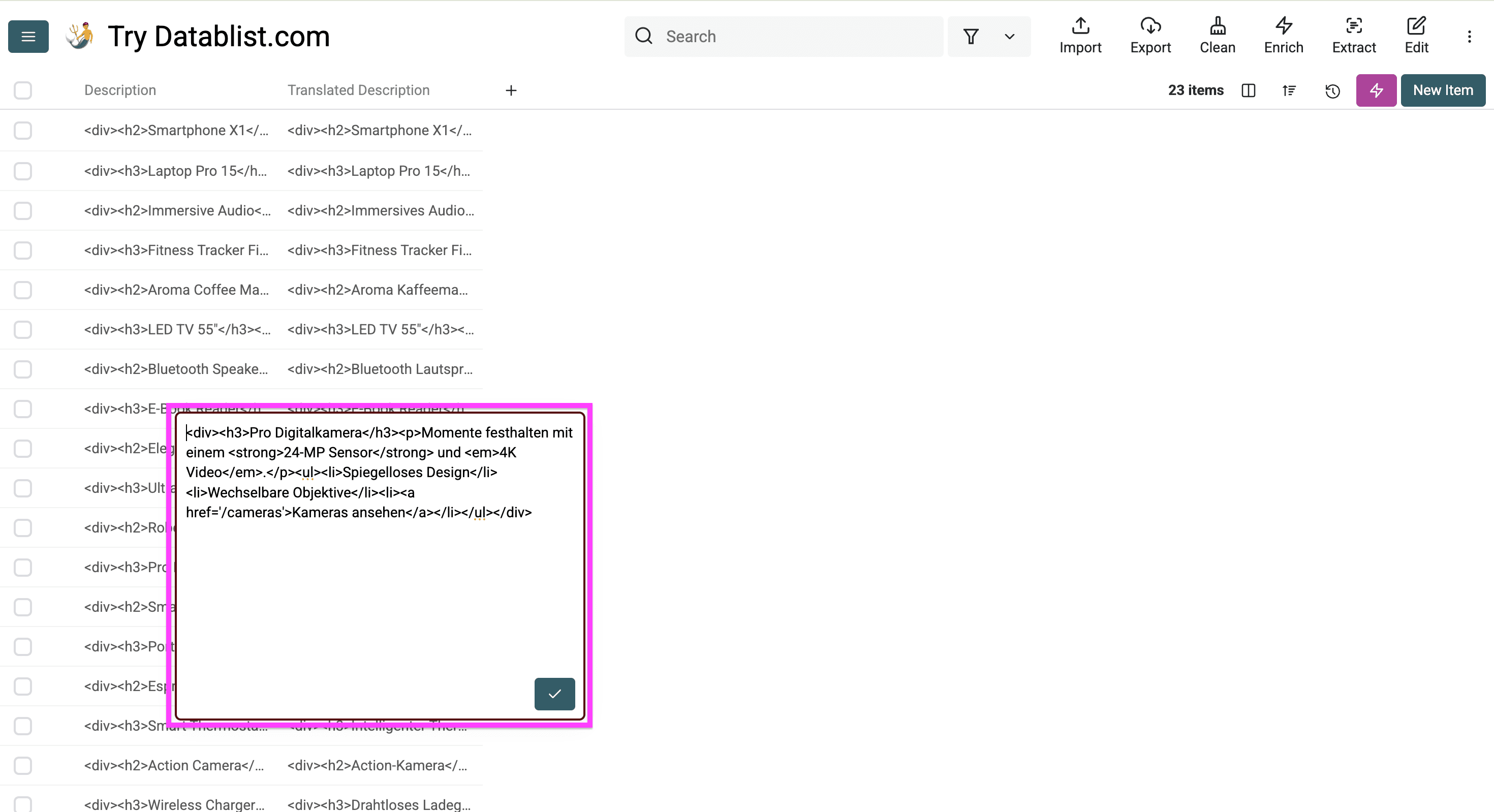 Translated product descriptions with proper HTML
