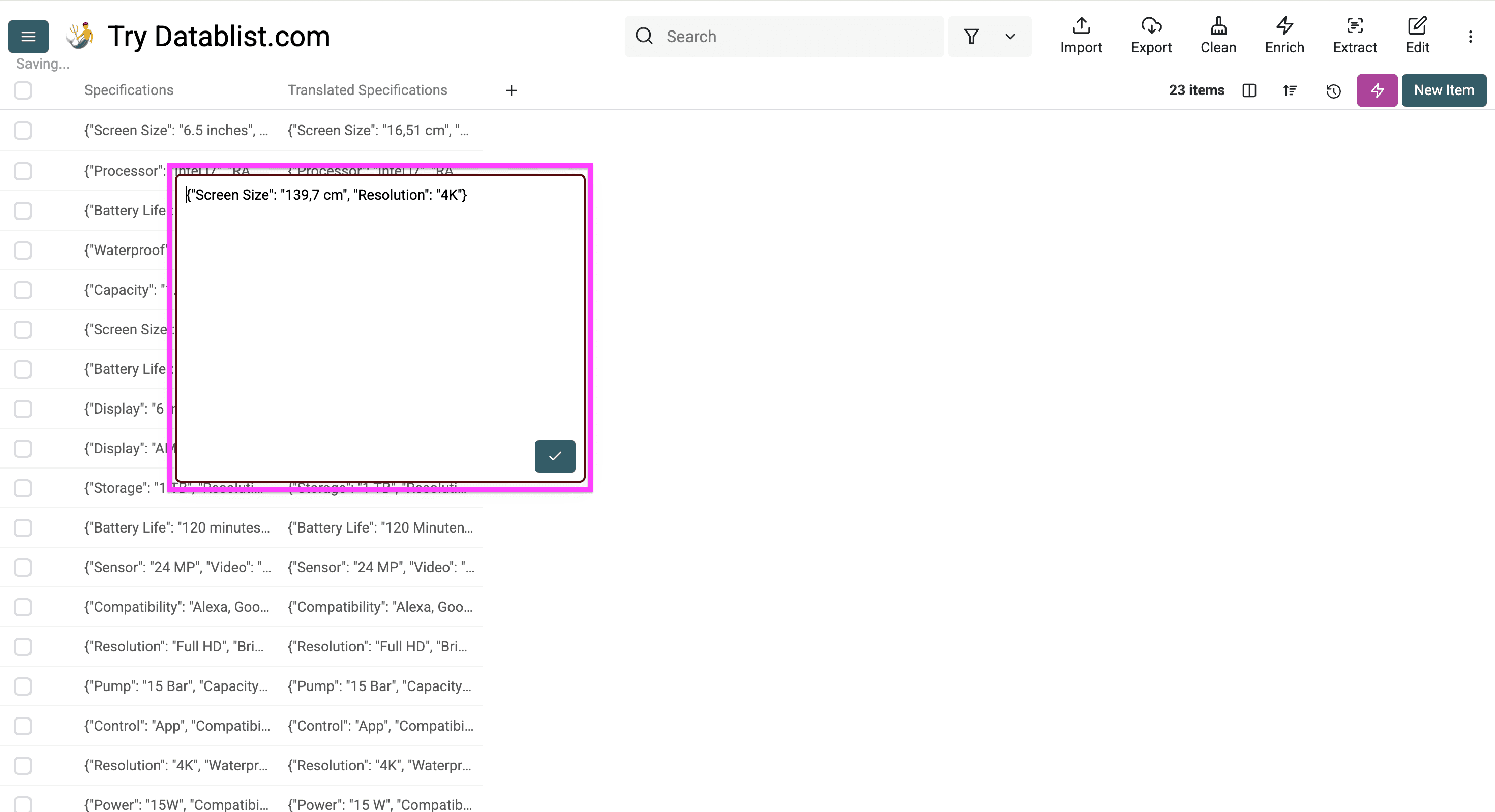 Translated specifications in Datablist