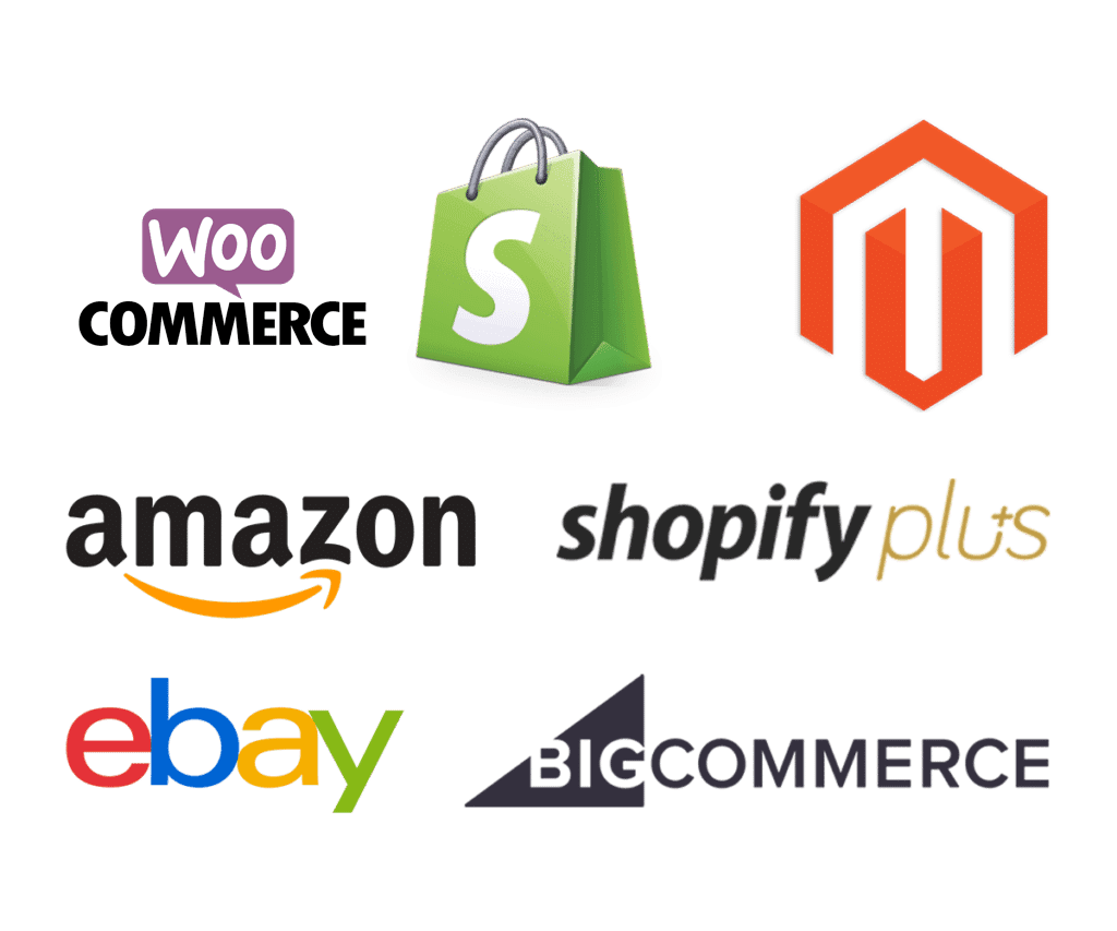 Logos of popular e-commerce platforms like Shopify, Amazon, and WooCommerce