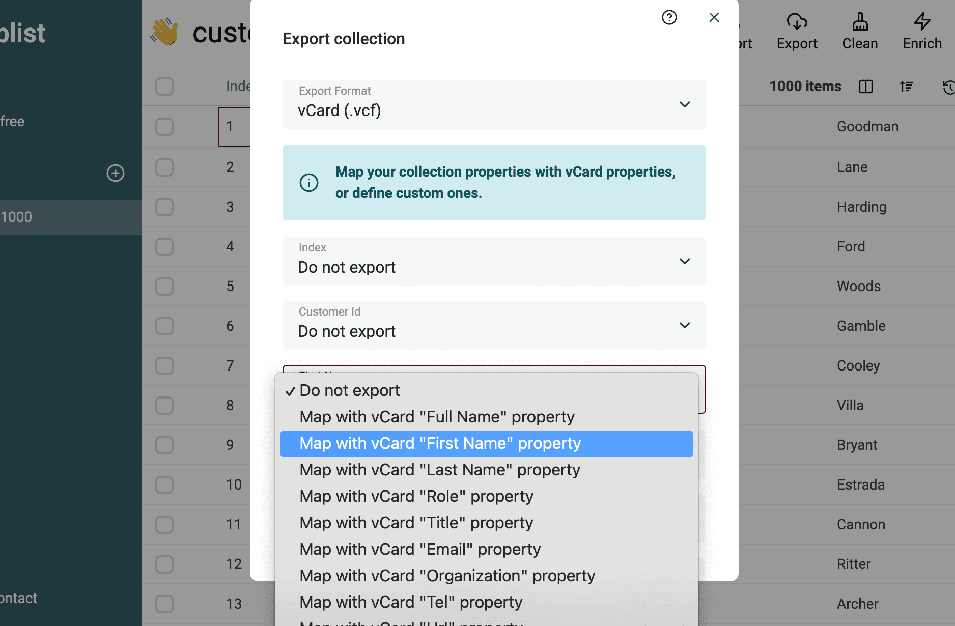 Map your CSV columns with vCard fields