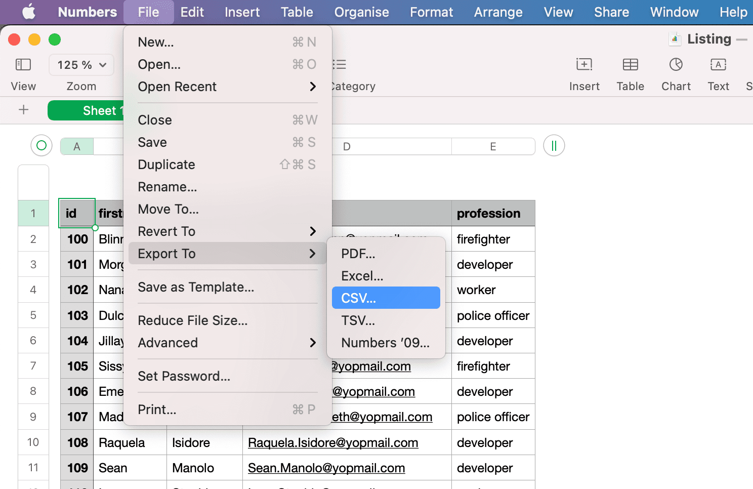 File -> Export To -> CSV
