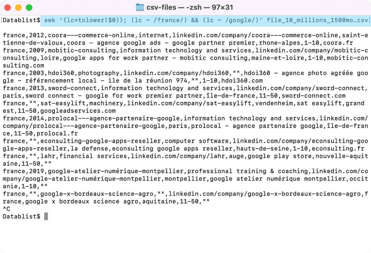 Search CSV for all keywords